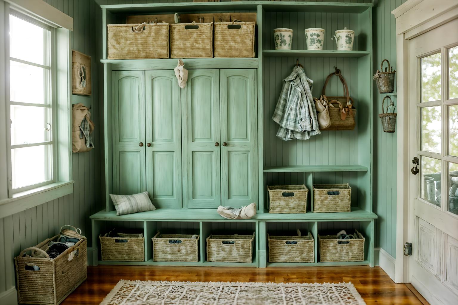 shabby chic-style (mudroom interior) with shelves for shoes and cubbies and a bench and high up storage and storage drawers and storage baskets and wall hooks for coats and cabinets. . . cinematic photo, highly detailed, cinematic lighting, ultra-detailed, ultrarealistic, photorealism, 8k. shabby chic interior design style. masterpiece, cinematic light, ultrarealistic+, photorealistic+, 8k, raw photo, realistic, sharp focus on eyes, (symmetrical eyes), (intact eyes), hyperrealistic, highest quality, best quality, , highly detailed, masterpiece, best quality, extremely detailed 8k wallpaper, masterpiece, best quality, ultra-detailed, best shadow, detailed background, detailed face, detailed eyes, high contrast, best illumination, detailed face, dulux, caustic, dynamic angle, detailed glow. dramatic lighting. highly detailed, insanely detailed hair, symmetrical, intricate details, professionally retouched, 8k high definition. strong bokeh. award winning photo.