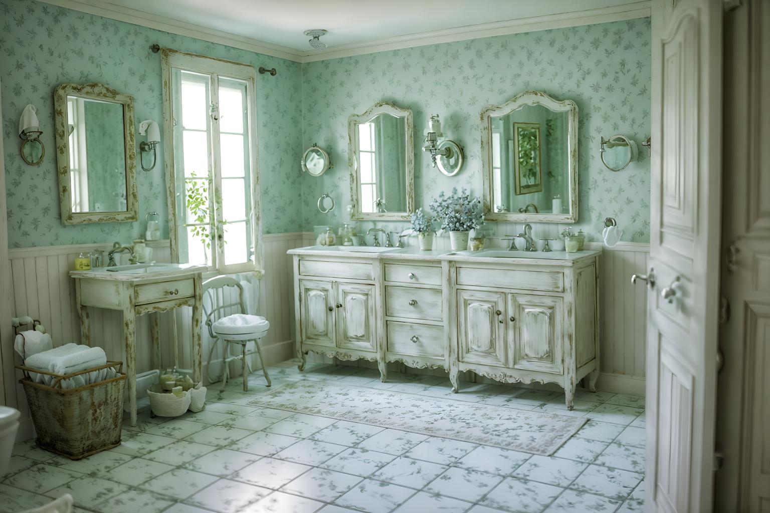 shabby chic-style (bathroom interior) with mirror and bathroom sink with faucet and toilet seat and waste basket and bath towel and bathroom cabinet and shower and plant. . . cinematic photo, highly detailed, cinematic lighting, ultra-detailed, ultrarealistic, photorealism, 8k. shabby chic interior design style. masterpiece, cinematic light, ultrarealistic+, photorealistic+, 8k, raw photo, realistic, sharp focus on eyes, (symmetrical eyes), (intact eyes), hyperrealistic, highest quality, best quality, , highly detailed, masterpiece, best quality, extremely detailed 8k wallpaper, masterpiece, best quality, ultra-detailed, best shadow, detailed background, detailed face, detailed eyes, high contrast, best illumination, detailed face, dulux, caustic, dynamic angle, detailed glow. dramatic lighting. highly detailed, insanely detailed hair, symmetrical, intricate details, professionally retouched, 8k high definition. strong bokeh. award winning photo.