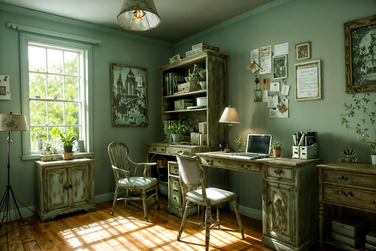 shabby chic-style (home office interior) with computer desk and office chair and plant and desk lamp and cabinets and computer desk. . . cinematic photo, highly detailed, cinematic lighting, ultra-detailed, ultrarealistic, photorealism, 8k. shabby chic interior design style. masterpiece, cinematic light, ultrarealistic+, photorealistic+, 8k, raw photo, realistic, sharp focus on eyes, (symmetrical eyes), (intact eyes), hyperrealistic, highest quality, best quality, , highly detailed, masterpiece, best quality, extremely detailed 8k wallpaper, masterpiece, best quality, ultra-detailed, best shadow, detailed background, detailed face, detailed eyes, high contrast, best illumination, detailed face, dulux, caustic, dynamic angle, detailed glow. dramatic lighting. highly detailed, insanely detailed hair, symmetrical, intricate details, professionally retouched, 8k high definition. strong bokeh. award winning photo.