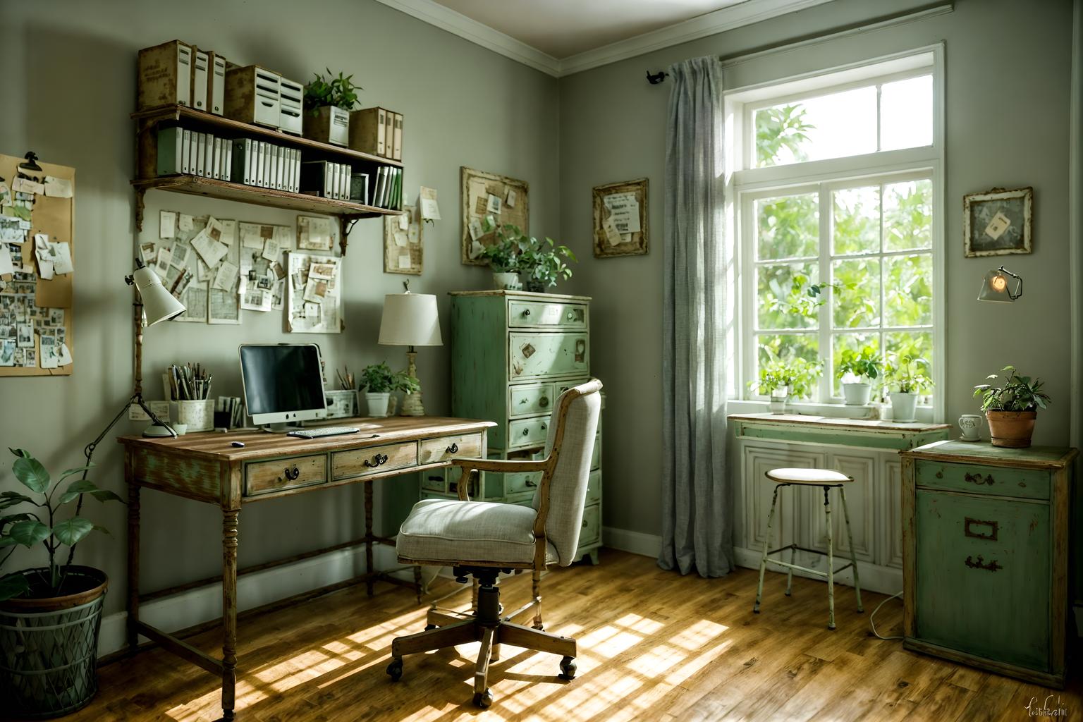 shabby chic-style (home office interior) with computer desk and office chair and plant and desk lamp and cabinets and computer desk. . . cinematic photo, highly detailed, cinematic lighting, ultra-detailed, ultrarealistic, photorealism, 8k. shabby chic interior design style. masterpiece, cinematic light, ultrarealistic+, photorealistic+, 8k, raw photo, realistic, sharp focus on eyes, (symmetrical eyes), (intact eyes), hyperrealistic, highest quality, best quality, , highly detailed, masterpiece, best quality, extremely detailed 8k wallpaper, masterpiece, best quality, ultra-detailed, best shadow, detailed background, detailed face, detailed eyes, high contrast, best illumination, detailed face, dulux, caustic, dynamic angle, detailed glow. dramatic lighting. highly detailed, insanely detailed hair, symmetrical, intricate details, professionally retouched, 8k high definition. strong bokeh. award winning photo.