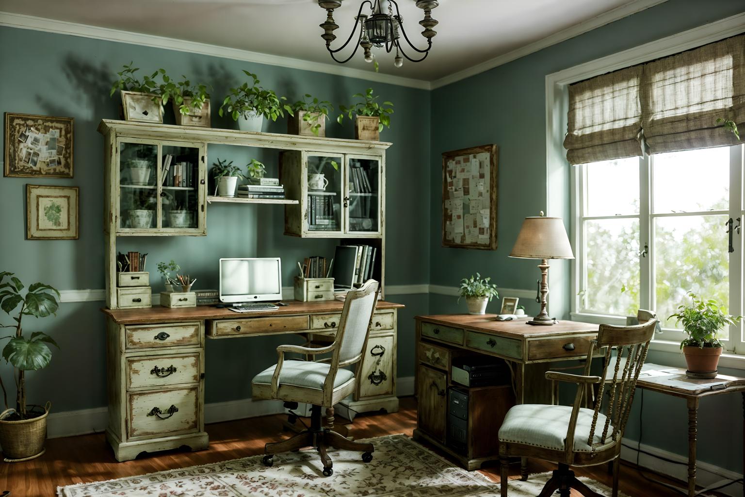 shabby chic-style (home office interior) with computer desk and office chair and plant and desk lamp and cabinets and computer desk. . . cinematic photo, highly detailed, cinematic lighting, ultra-detailed, ultrarealistic, photorealism, 8k. shabby chic interior design style. masterpiece, cinematic light, ultrarealistic+, photorealistic+, 8k, raw photo, realistic, sharp focus on eyes, (symmetrical eyes), (intact eyes), hyperrealistic, highest quality, best quality, , highly detailed, masterpiece, best quality, extremely detailed 8k wallpaper, masterpiece, best quality, ultra-detailed, best shadow, detailed background, detailed face, detailed eyes, high contrast, best illumination, detailed face, dulux, caustic, dynamic angle, detailed glow. dramatic lighting. highly detailed, insanely detailed hair, symmetrical, intricate details, professionally retouched, 8k high definition. strong bokeh. award winning photo.