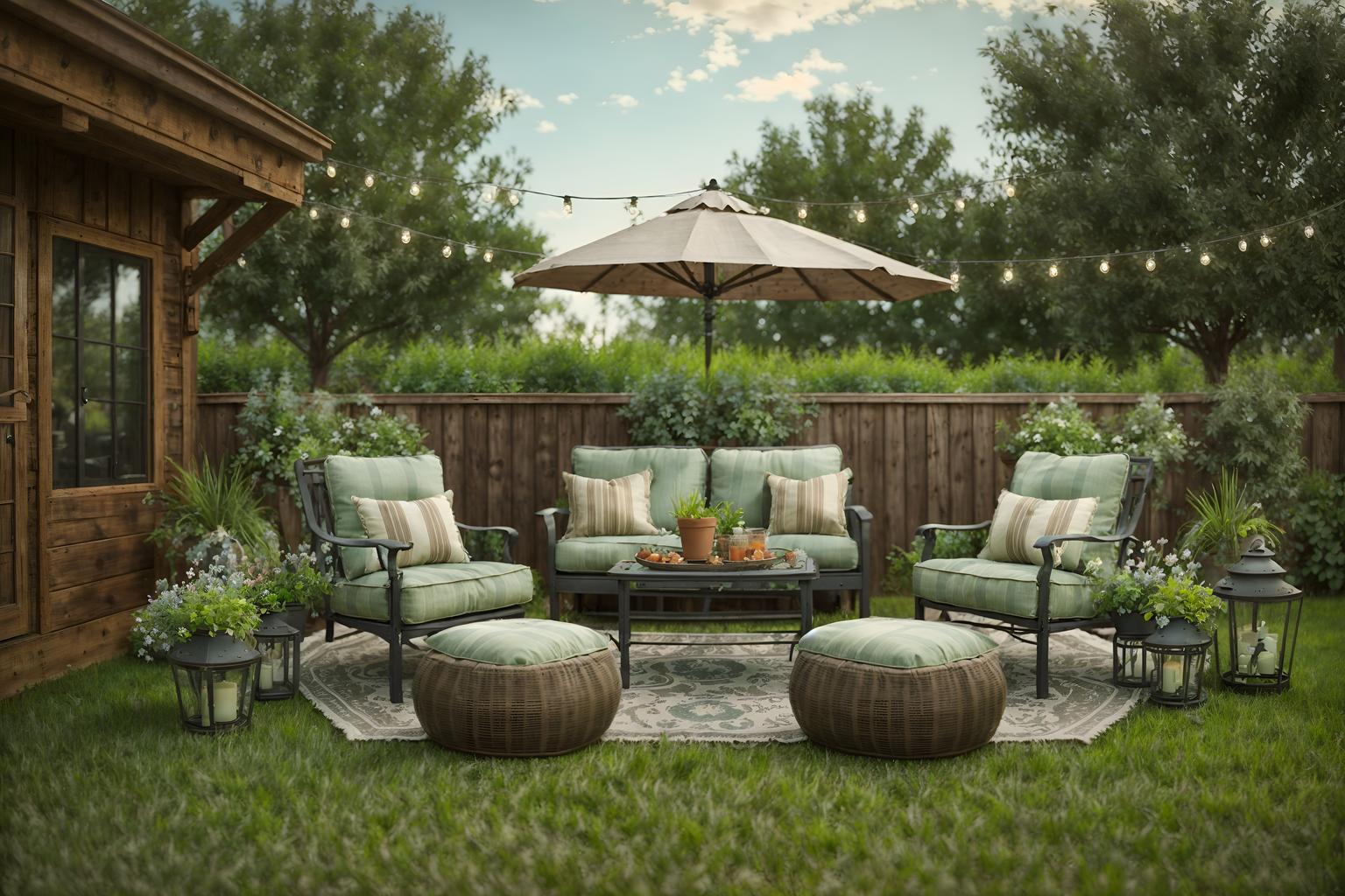 shabby chic-style designed (outdoor patio ) with grass and barbeque or grill and deck with deck chairs and plant and patio couch with pillows and grass. . . cinematic photo, highly detailed, cinematic lighting, ultra-detailed, ultrarealistic, photorealism, 8k. shabby chic design style. masterpiece, cinematic light, ultrarealistic+, photorealistic+, 8k, raw photo, realistic, sharp focus on eyes, (symmetrical eyes), (intact eyes), hyperrealistic, highest quality, best quality, , highly detailed, masterpiece, best quality, extremely detailed 8k wallpaper, masterpiece, best quality, ultra-detailed, best shadow, detailed background, detailed face, detailed eyes, high contrast, best illumination, detailed face, dulux, caustic, dynamic angle, detailed glow. dramatic lighting. highly detailed, insanely detailed hair, symmetrical, intricate details, professionally retouched, 8k high definition. strong bokeh. award winning photo.