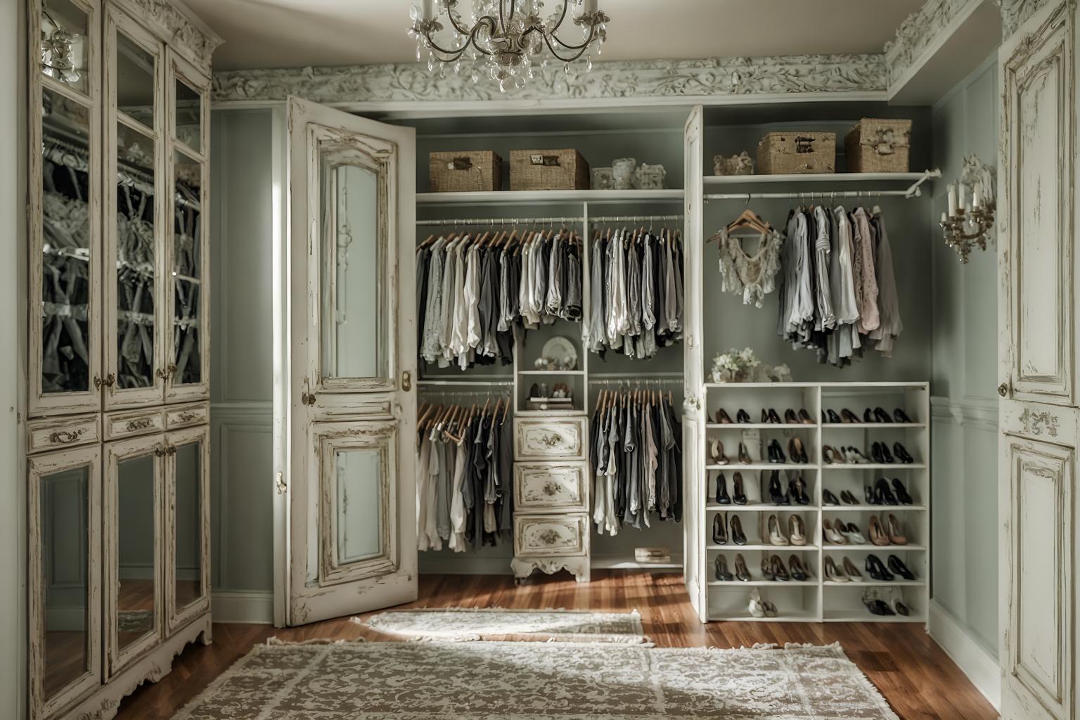 shabby chic-style (walk in closet interior) . . cinematic photo, highly detailed, cinematic lighting, ultra-detailed, ultrarealistic, photorealism, 8k. shabby chic interior design style. masterpiece, cinematic light, ultrarealistic+, photorealistic+, 8k, raw photo, realistic, sharp focus on eyes, (symmetrical eyes), (intact eyes), hyperrealistic, highest quality, best quality, , highly detailed, masterpiece, best quality, extremely detailed 8k wallpaper, masterpiece, best quality, ultra-detailed, best shadow, detailed background, detailed face, detailed eyes, high contrast, best illumination, detailed face, dulux, caustic, dynamic angle, detailed glow. dramatic lighting. highly detailed, insanely detailed hair, symmetrical, intricate details, professionally retouched, 8k high definition. strong bokeh. award winning photo.