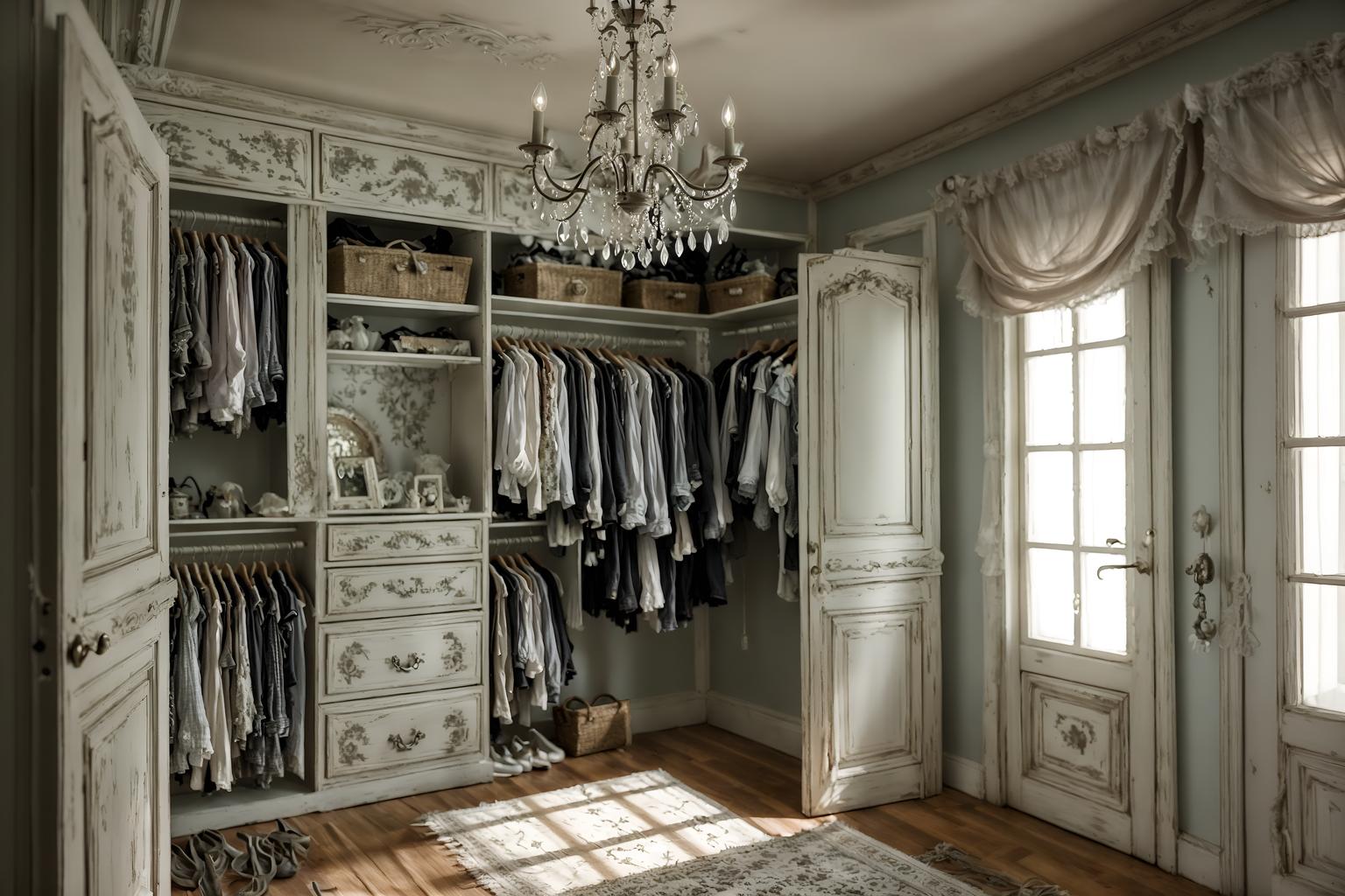 shabby chic-style (walk in closet interior) . . cinematic photo, highly detailed, cinematic lighting, ultra-detailed, ultrarealistic, photorealism, 8k. shabby chic interior design style. masterpiece, cinematic light, ultrarealistic+, photorealistic+, 8k, raw photo, realistic, sharp focus on eyes, (symmetrical eyes), (intact eyes), hyperrealistic, highest quality, best quality, , highly detailed, masterpiece, best quality, extremely detailed 8k wallpaper, masterpiece, best quality, ultra-detailed, best shadow, detailed background, detailed face, detailed eyes, high contrast, best illumination, detailed face, dulux, caustic, dynamic angle, detailed glow. dramatic lighting. highly detailed, insanely detailed hair, symmetrical, intricate details, professionally retouched, 8k high definition. strong bokeh. award winning photo.