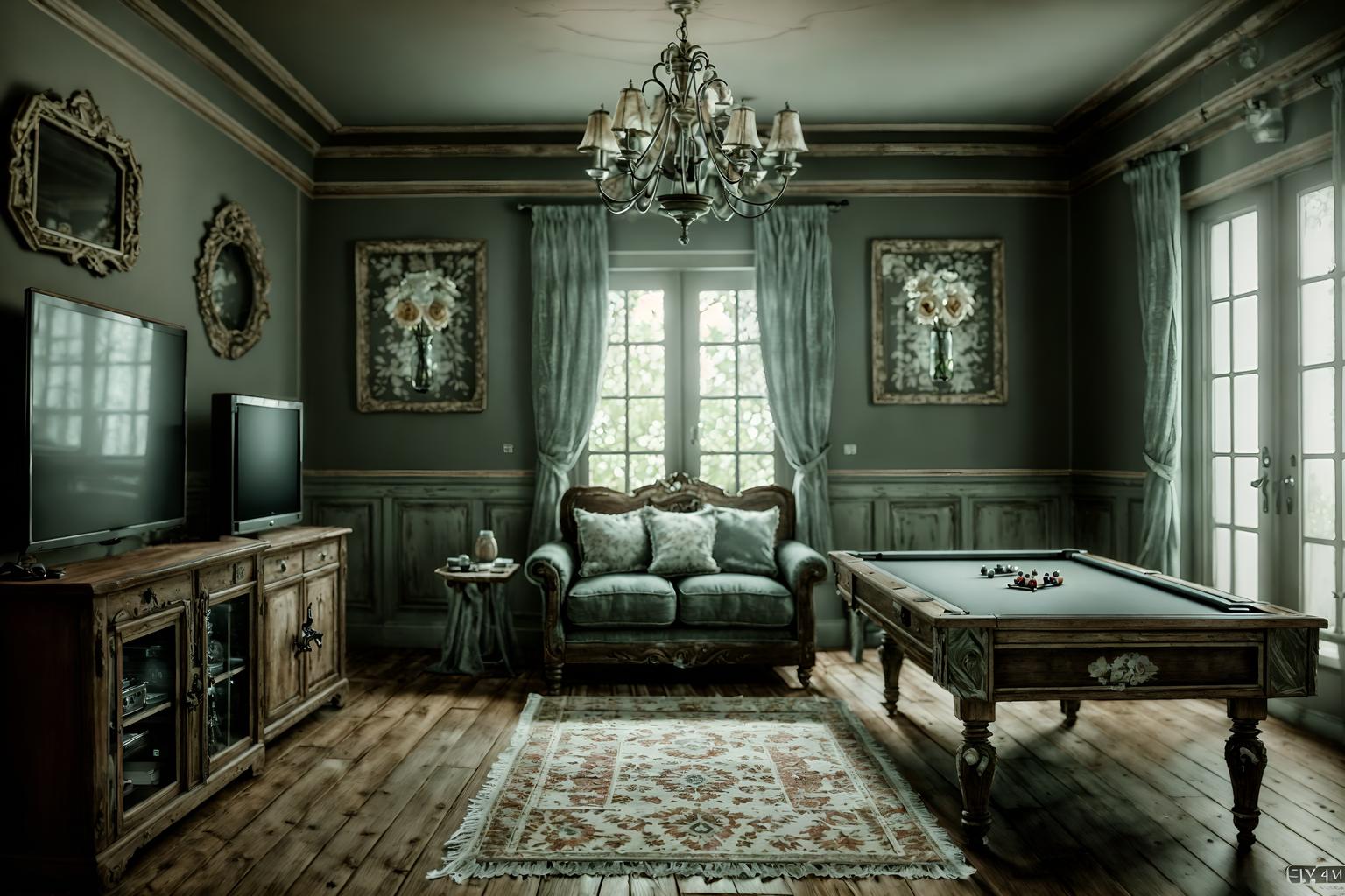 shabby chic-style (gaming room interior) . . cinematic photo, highly detailed, cinematic lighting, ultra-detailed, ultrarealistic, photorealism, 8k. shabby chic interior design style. masterpiece, cinematic light, ultrarealistic+, photorealistic+, 8k, raw photo, realistic, sharp focus on eyes, (symmetrical eyes), (intact eyes), hyperrealistic, highest quality, best quality, , highly detailed, masterpiece, best quality, extremely detailed 8k wallpaper, masterpiece, best quality, ultra-detailed, best shadow, detailed background, detailed face, detailed eyes, high contrast, best illumination, detailed face, dulux, caustic, dynamic angle, detailed glow. dramatic lighting. highly detailed, insanely detailed hair, symmetrical, intricate details, professionally retouched, 8k high definition. strong bokeh. award winning photo.