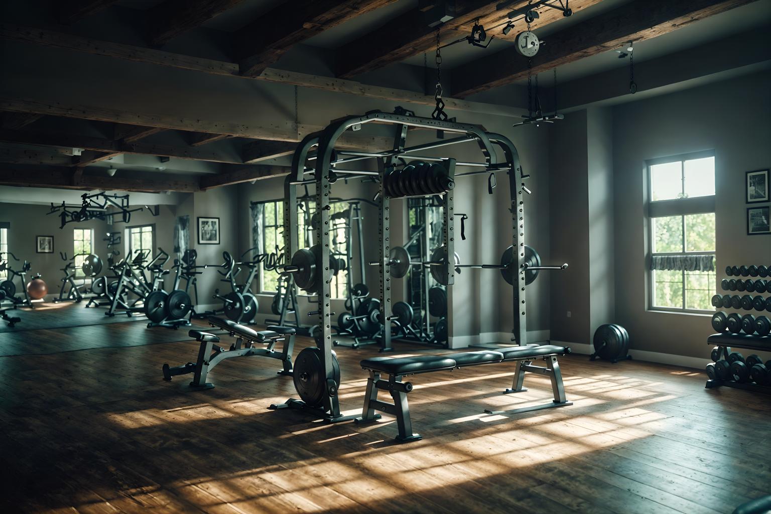 shabby chic-style (fitness gym interior) with dumbbell stand and bench press and exercise bicycle and squat rack and crosstrainer and dumbbell stand. . . cinematic photo, highly detailed, cinematic lighting, ultra-detailed, ultrarealistic, photorealism, 8k. shabby chic interior design style. masterpiece, cinematic light, ultrarealistic+, photorealistic+, 8k, raw photo, realistic, sharp focus on eyes, (symmetrical eyes), (intact eyes), hyperrealistic, highest quality, best quality, , highly detailed, masterpiece, best quality, extremely detailed 8k wallpaper, masterpiece, best quality, ultra-detailed, best shadow, detailed background, detailed face, detailed eyes, high contrast, best illumination, detailed face, dulux, caustic, dynamic angle, detailed glow. dramatic lighting. highly detailed, insanely detailed hair, symmetrical, intricate details, professionally retouched, 8k high definition. strong bokeh. award winning photo.