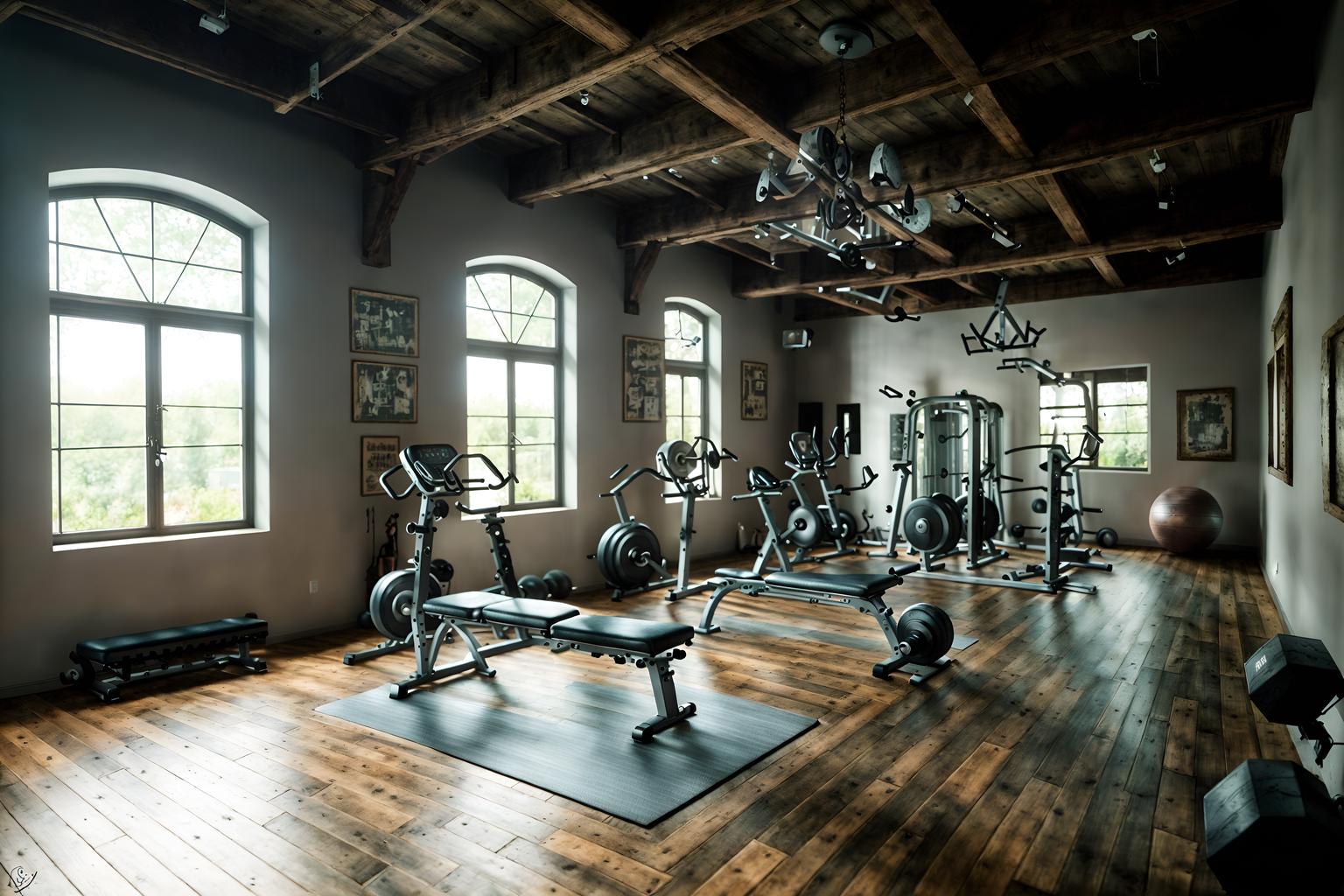 shabby chic-style (fitness gym interior) with dumbbell stand and bench press and exercise bicycle and squat rack and crosstrainer and dumbbell stand. . . cinematic photo, highly detailed, cinematic lighting, ultra-detailed, ultrarealistic, photorealism, 8k. shabby chic interior design style. masterpiece, cinematic light, ultrarealistic+, photorealistic+, 8k, raw photo, realistic, sharp focus on eyes, (symmetrical eyes), (intact eyes), hyperrealistic, highest quality, best quality, , highly detailed, masterpiece, best quality, extremely detailed 8k wallpaper, masterpiece, best quality, ultra-detailed, best shadow, detailed background, detailed face, detailed eyes, high contrast, best illumination, detailed face, dulux, caustic, dynamic angle, detailed glow. dramatic lighting. highly detailed, insanely detailed hair, symmetrical, intricate details, professionally retouched, 8k high definition. strong bokeh. award winning photo.