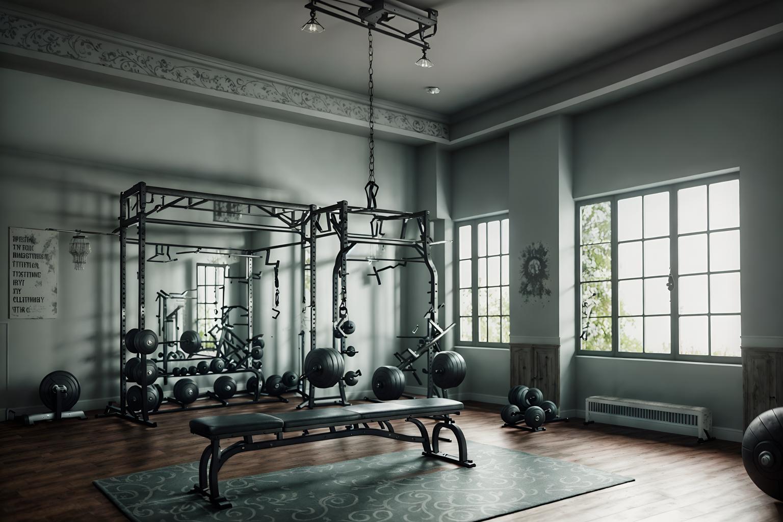 shabby chic-style (fitness gym interior) with dumbbell stand and bench press and exercise bicycle and squat rack and crosstrainer and dumbbell stand. . . cinematic photo, highly detailed, cinematic lighting, ultra-detailed, ultrarealistic, photorealism, 8k. shabby chic interior design style. masterpiece, cinematic light, ultrarealistic+, photorealistic+, 8k, raw photo, realistic, sharp focus on eyes, (symmetrical eyes), (intact eyes), hyperrealistic, highest quality, best quality, , highly detailed, masterpiece, best quality, extremely detailed 8k wallpaper, masterpiece, best quality, ultra-detailed, best shadow, detailed background, detailed face, detailed eyes, high contrast, best illumination, detailed face, dulux, caustic, dynamic angle, detailed glow. dramatic lighting. highly detailed, insanely detailed hair, symmetrical, intricate details, professionally retouched, 8k high definition. strong bokeh. award winning photo.