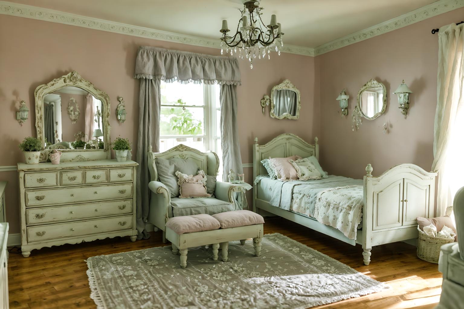 shabby chic-style (kids room interior) with mirror and bed and plant and headboard and night light and accent chair and storage bench or ottoman and kids desk. . . cinematic photo, highly detailed, cinematic lighting, ultra-detailed, ultrarealistic, photorealism, 8k. shabby chic interior design style. masterpiece, cinematic light, ultrarealistic+, photorealistic+, 8k, raw photo, realistic, sharp focus on eyes, (symmetrical eyes), (intact eyes), hyperrealistic, highest quality, best quality, , highly detailed, masterpiece, best quality, extremely detailed 8k wallpaper, masterpiece, best quality, ultra-detailed, best shadow, detailed background, detailed face, detailed eyes, high contrast, best illumination, detailed face, dulux, caustic, dynamic angle, detailed glow. dramatic lighting. highly detailed, insanely detailed hair, symmetrical, intricate details, professionally retouched, 8k high definition. strong bokeh. award winning photo.