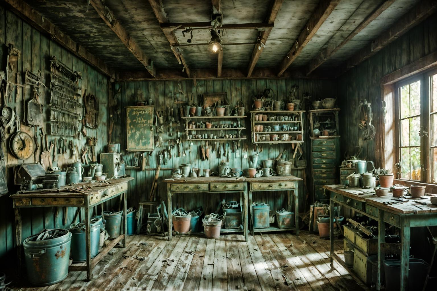 shabby chic-style (workshop interior) with messy and tool wall and wooden workbench and messy. . . cinematic photo, highly detailed, cinematic lighting, ultra-detailed, ultrarealistic, photorealism, 8k. shabby chic interior design style. masterpiece, cinematic light, ultrarealistic+, photorealistic+, 8k, raw photo, realistic, sharp focus on eyes, (symmetrical eyes), (intact eyes), hyperrealistic, highest quality, best quality, , highly detailed, masterpiece, best quality, extremely detailed 8k wallpaper, masterpiece, best quality, ultra-detailed, best shadow, detailed background, detailed face, detailed eyes, high contrast, best illumination, detailed face, dulux, caustic, dynamic angle, detailed glow. dramatic lighting. highly detailed, insanely detailed hair, symmetrical, intricate details, professionally retouched, 8k high definition. strong bokeh. award winning photo.