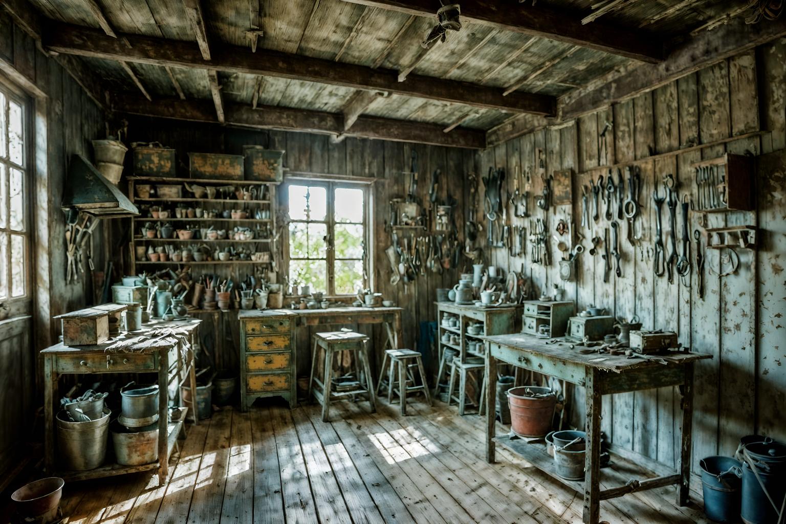 shabby chic-style (workshop interior) with messy and tool wall and wooden workbench and messy. . . cinematic photo, highly detailed, cinematic lighting, ultra-detailed, ultrarealistic, photorealism, 8k. shabby chic interior design style. masterpiece, cinematic light, ultrarealistic+, photorealistic+, 8k, raw photo, realistic, sharp focus on eyes, (symmetrical eyes), (intact eyes), hyperrealistic, highest quality, best quality, , highly detailed, masterpiece, best quality, extremely detailed 8k wallpaper, masterpiece, best quality, ultra-detailed, best shadow, detailed background, detailed face, detailed eyes, high contrast, best illumination, detailed face, dulux, caustic, dynamic angle, detailed glow. dramatic lighting. highly detailed, insanely detailed hair, symmetrical, intricate details, professionally retouched, 8k high definition. strong bokeh. award winning photo.