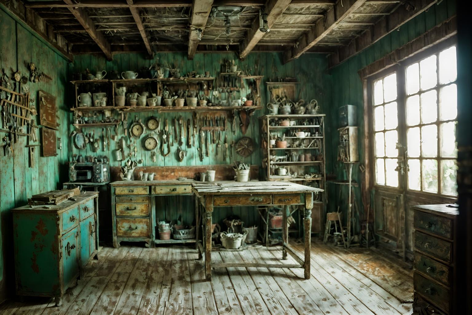 shabby chic-style (workshop interior) with messy and tool wall and wooden workbench and messy. . . cinematic photo, highly detailed, cinematic lighting, ultra-detailed, ultrarealistic, photorealism, 8k. shabby chic interior design style. masterpiece, cinematic light, ultrarealistic+, photorealistic+, 8k, raw photo, realistic, sharp focus on eyes, (symmetrical eyes), (intact eyes), hyperrealistic, highest quality, best quality, , highly detailed, masterpiece, best quality, extremely detailed 8k wallpaper, masterpiece, best quality, ultra-detailed, best shadow, detailed background, detailed face, detailed eyes, high contrast, best illumination, detailed face, dulux, caustic, dynamic angle, detailed glow. dramatic lighting. highly detailed, insanely detailed hair, symmetrical, intricate details, professionally retouched, 8k high definition. strong bokeh. award winning photo.