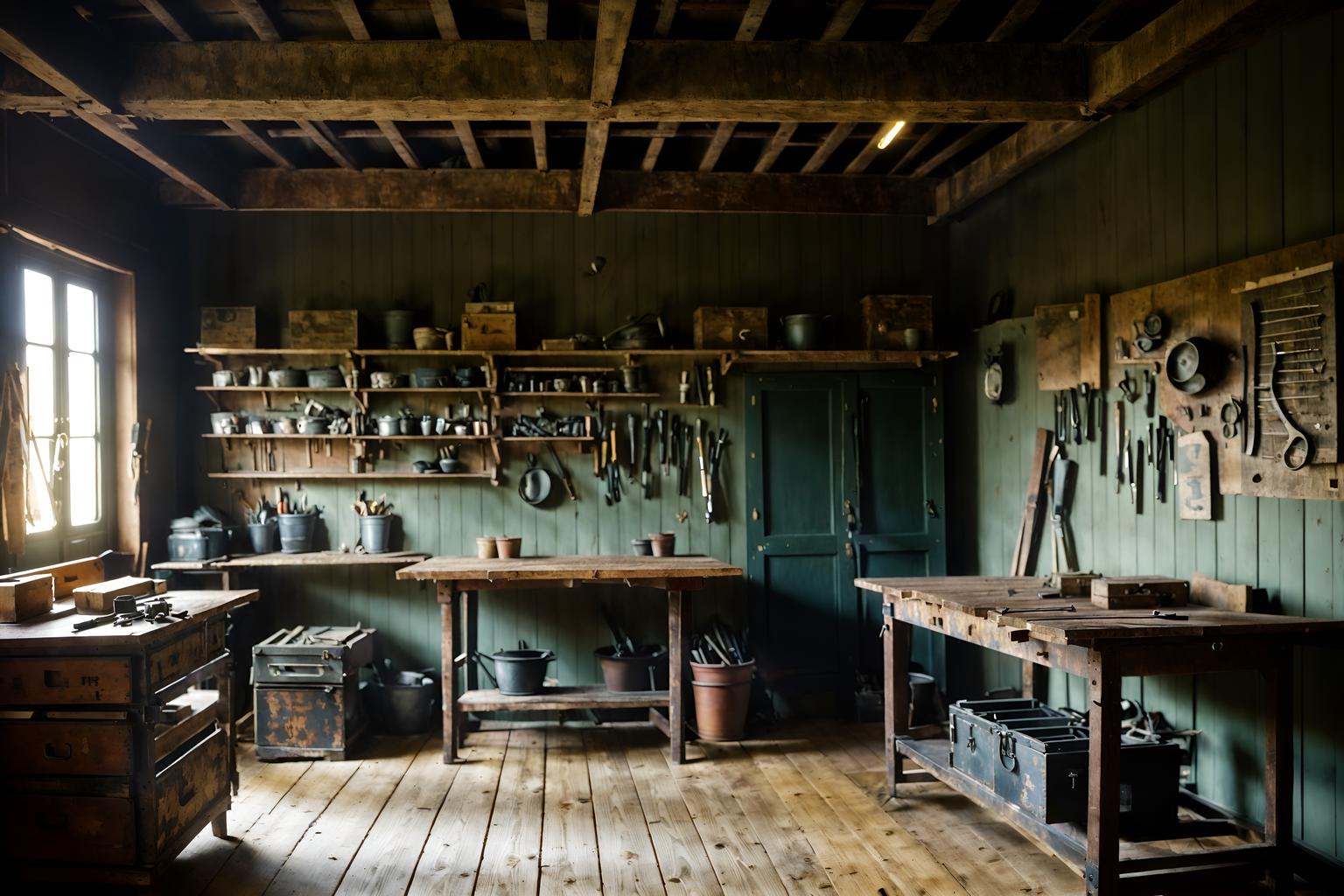 parisian-style (workshop interior) with wooden workbench and messy and tool wall and wooden workbench. . . cinematic photo, highly detailed, cinematic lighting, ultra-detailed, ultrarealistic, photorealism, 8k. parisian interior design style. masterpiece, cinematic light, ultrarealistic+, photorealistic+, 8k, raw photo, realistic, sharp focus on eyes, (symmetrical eyes), (intact eyes), hyperrealistic, highest quality, best quality, , highly detailed, masterpiece, best quality, extremely detailed 8k wallpaper, masterpiece, best quality, ultra-detailed, best shadow, detailed background, detailed face, detailed eyes, high contrast, best illumination, detailed face, dulux, caustic, dynamic angle, detailed glow. dramatic lighting. highly detailed, insanely detailed hair, symmetrical, intricate details, professionally retouched, 8k high definition. strong bokeh. award winning photo.