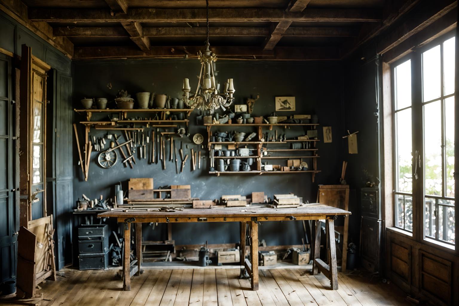 parisian-style (workshop interior) with wooden workbench and messy and tool wall and wooden workbench. . . cinematic photo, highly detailed, cinematic lighting, ultra-detailed, ultrarealistic, photorealism, 8k. parisian interior design style. masterpiece, cinematic light, ultrarealistic+, photorealistic+, 8k, raw photo, realistic, sharp focus on eyes, (symmetrical eyes), (intact eyes), hyperrealistic, highest quality, best quality, , highly detailed, masterpiece, best quality, extremely detailed 8k wallpaper, masterpiece, best quality, ultra-detailed, best shadow, detailed background, detailed face, detailed eyes, high contrast, best illumination, detailed face, dulux, caustic, dynamic angle, detailed glow. dramatic lighting. highly detailed, insanely detailed hair, symmetrical, intricate details, professionally retouched, 8k high definition. strong bokeh. award winning photo.