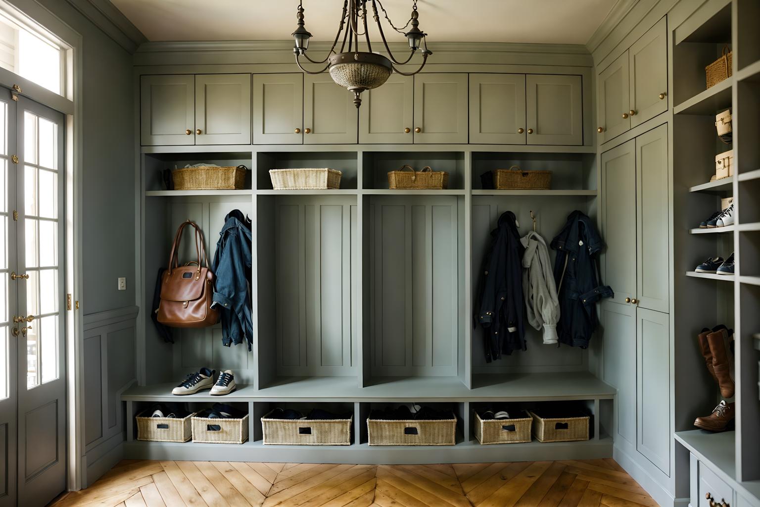 parisian-style (mudroom interior) with a bench and storage drawers and shelves for shoes and cubbies and storage baskets and high up storage and wall hooks for coats and cabinets. . . cinematic photo, highly detailed, cinematic lighting, ultra-detailed, ultrarealistic, photorealism, 8k. parisian interior design style. masterpiece, cinematic light, ultrarealistic+, photorealistic+, 8k, raw photo, realistic, sharp focus on eyes, (symmetrical eyes), (intact eyes), hyperrealistic, highest quality, best quality, , highly detailed, masterpiece, best quality, extremely detailed 8k wallpaper, masterpiece, best quality, ultra-detailed, best shadow, detailed background, detailed face, detailed eyes, high contrast, best illumination, detailed face, dulux, caustic, dynamic angle, detailed glow. dramatic lighting. highly detailed, insanely detailed hair, symmetrical, intricate details, professionally retouched, 8k high definition. strong bokeh. award winning photo.