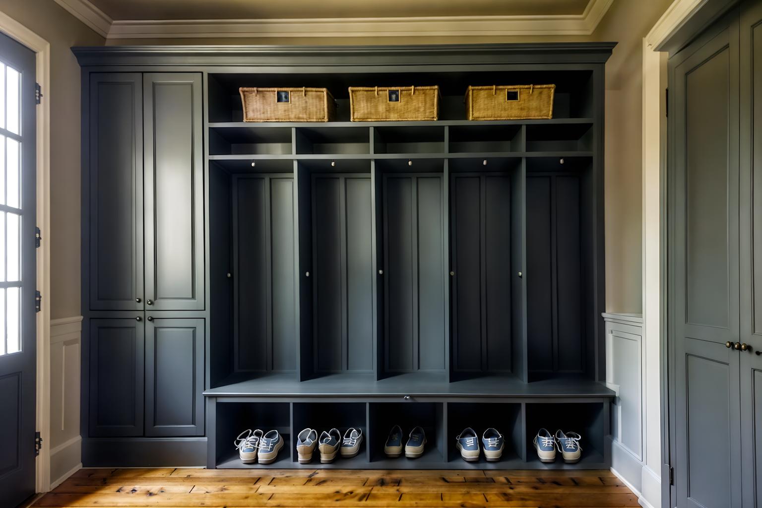 parisian-style (mudroom interior) with a bench and storage drawers and shelves for shoes and cubbies and storage baskets and high up storage and wall hooks for coats and cabinets. . . cinematic photo, highly detailed, cinematic lighting, ultra-detailed, ultrarealistic, photorealism, 8k. parisian interior design style. masterpiece, cinematic light, ultrarealistic+, photorealistic+, 8k, raw photo, realistic, sharp focus on eyes, (symmetrical eyes), (intact eyes), hyperrealistic, highest quality, best quality, , highly detailed, masterpiece, best quality, extremely detailed 8k wallpaper, masterpiece, best quality, ultra-detailed, best shadow, detailed background, detailed face, detailed eyes, high contrast, best illumination, detailed face, dulux, caustic, dynamic angle, detailed glow. dramatic lighting. highly detailed, insanely detailed hair, symmetrical, intricate details, professionally retouched, 8k high definition. strong bokeh. award winning photo.