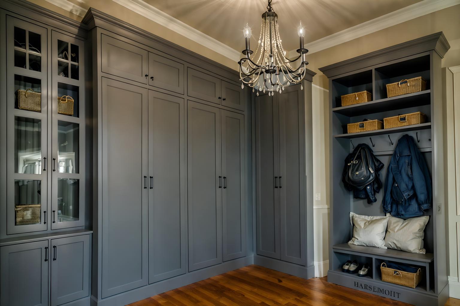 parisian-style (mudroom interior) with a bench and storage drawers and shelves for shoes and cubbies and storage baskets and high up storage and wall hooks for coats and cabinets. . . cinematic photo, highly detailed, cinematic lighting, ultra-detailed, ultrarealistic, photorealism, 8k. parisian interior design style. masterpiece, cinematic light, ultrarealistic+, photorealistic+, 8k, raw photo, realistic, sharp focus on eyes, (symmetrical eyes), (intact eyes), hyperrealistic, highest quality, best quality, , highly detailed, masterpiece, best quality, extremely detailed 8k wallpaper, masterpiece, best quality, ultra-detailed, best shadow, detailed background, detailed face, detailed eyes, high contrast, best illumination, detailed face, dulux, caustic, dynamic angle, detailed glow. dramatic lighting. highly detailed, insanely detailed hair, symmetrical, intricate details, professionally retouched, 8k high definition. strong bokeh. award winning photo.