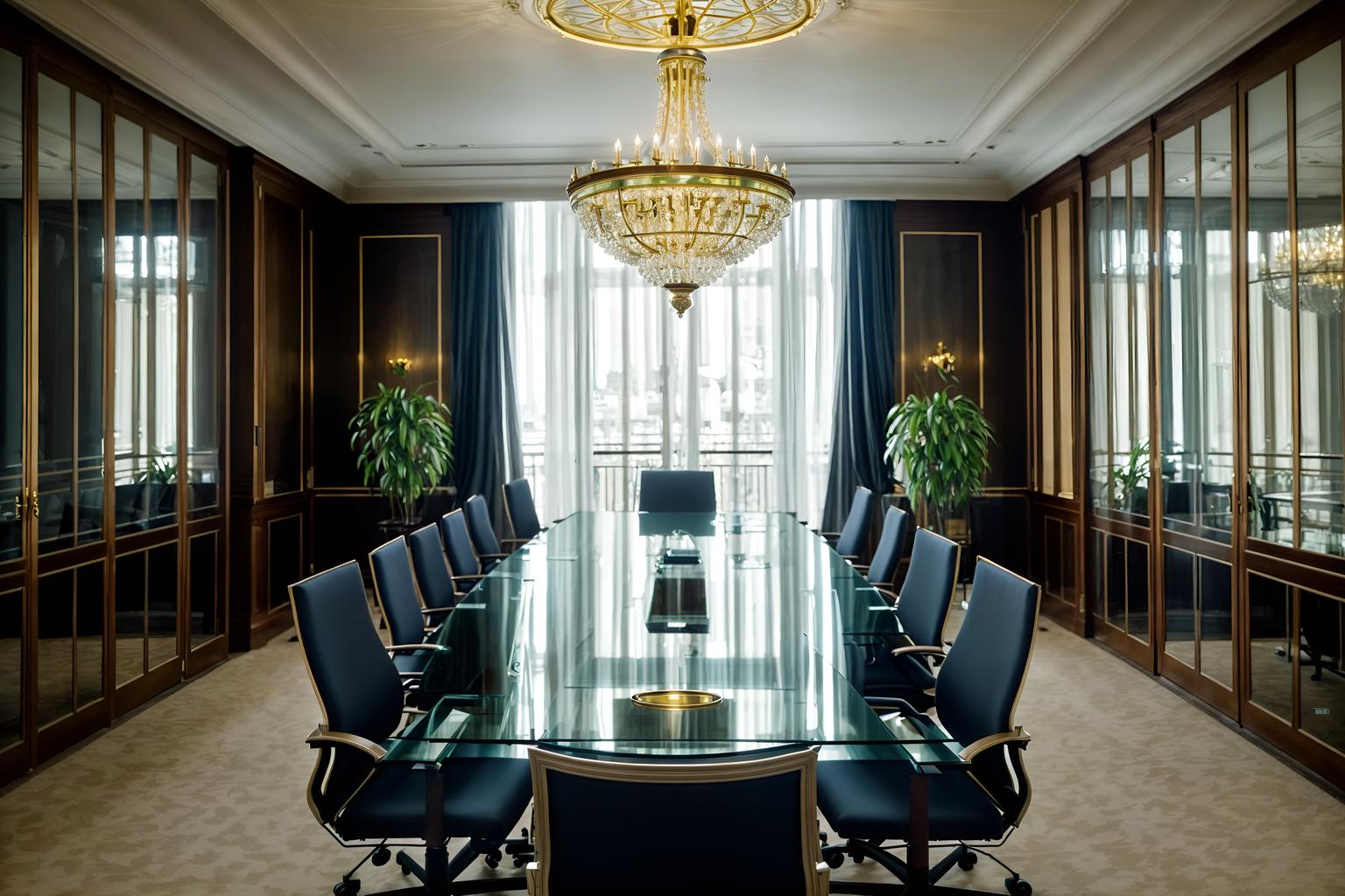 parisian-style (meeting room interior) with glass walls and office chairs and glass doors and boardroom table and vase and plant and cabinets and painting or photo on wall. . . cinematic photo, highly detailed, cinematic lighting, ultra-detailed, ultrarealistic, photorealism, 8k. parisian interior design style. masterpiece, cinematic light, ultrarealistic+, photorealistic+, 8k, raw photo, realistic, sharp focus on eyes, (symmetrical eyes), (intact eyes), hyperrealistic, highest quality, best quality, , highly detailed, masterpiece, best quality, extremely detailed 8k wallpaper, masterpiece, best quality, ultra-detailed, best shadow, detailed background, detailed face, detailed eyes, high contrast, best illumination, detailed face, dulux, caustic, dynamic angle, detailed glow. dramatic lighting. highly detailed, insanely detailed hair, symmetrical, intricate details, professionally retouched, 8k high definition. strong bokeh. award winning photo.