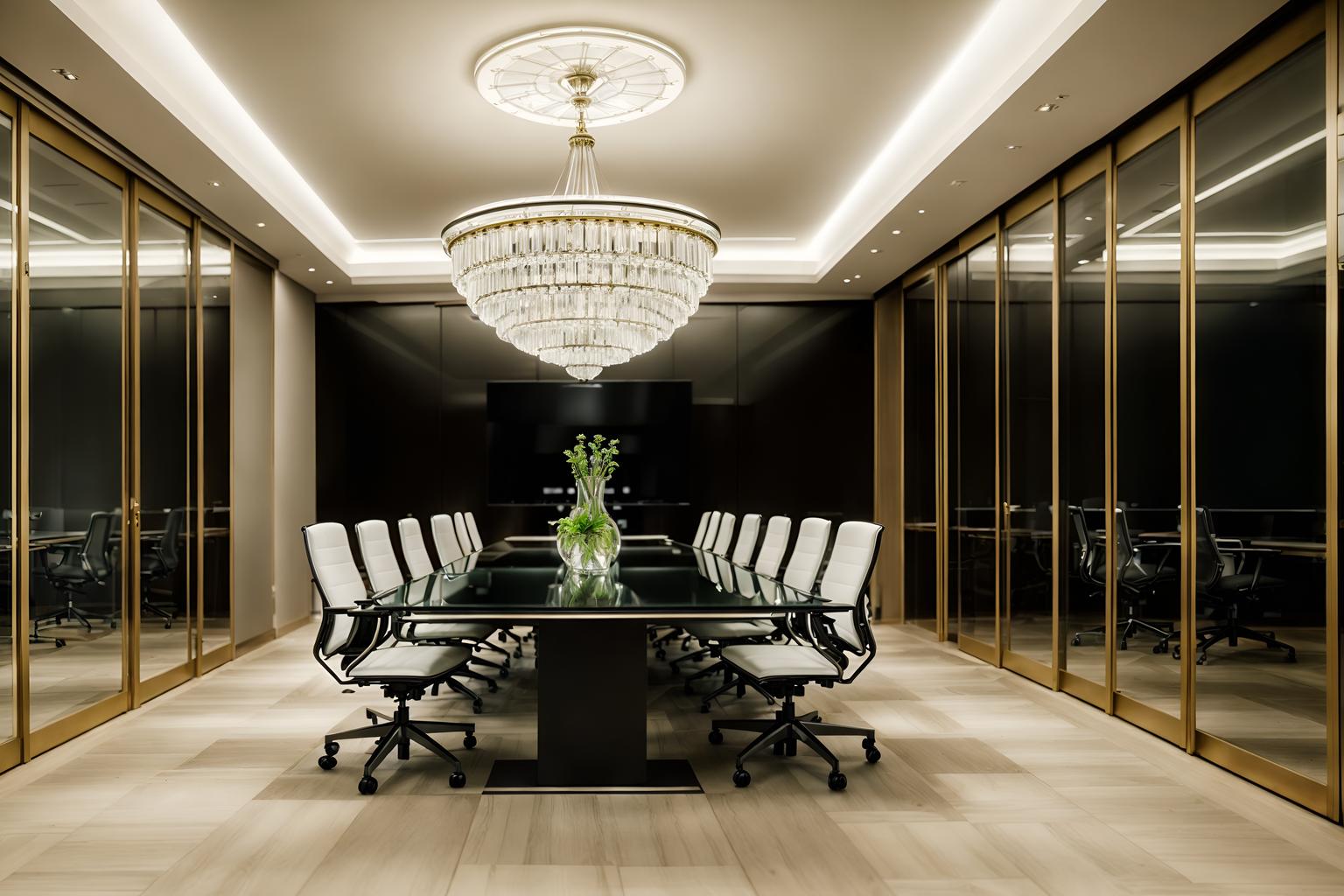 parisian-style (meeting room interior) with glass walls and office chairs and glass doors and boardroom table and vase and plant and cabinets and painting or photo on wall. . . cinematic photo, highly detailed, cinematic lighting, ultra-detailed, ultrarealistic, photorealism, 8k. parisian interior design style. masterpiece, cinematic light, ultrarealistic+, photorealistic+, 8k, raw photo, realistic, sharp focus on eyes, (symmetrical eyes), (intact eyes), hyperrealistic, highest quality, best quality, , highly detailed, masterpiece, best quality, extremely detailed 8k wallpaper, masterpiece, best quality, ultra-detailed, best shadow, detailed background, detailed face, detailed eyes, high contrast, best illumination, detailed face, dulux, caustic, dynamic angle, detailed glow. dramatic lighting. highly detailed, insanely detailed hair, symmetrical, intricate details, professionally retouched, 8k high definition. strong bokeh. award winning photo.