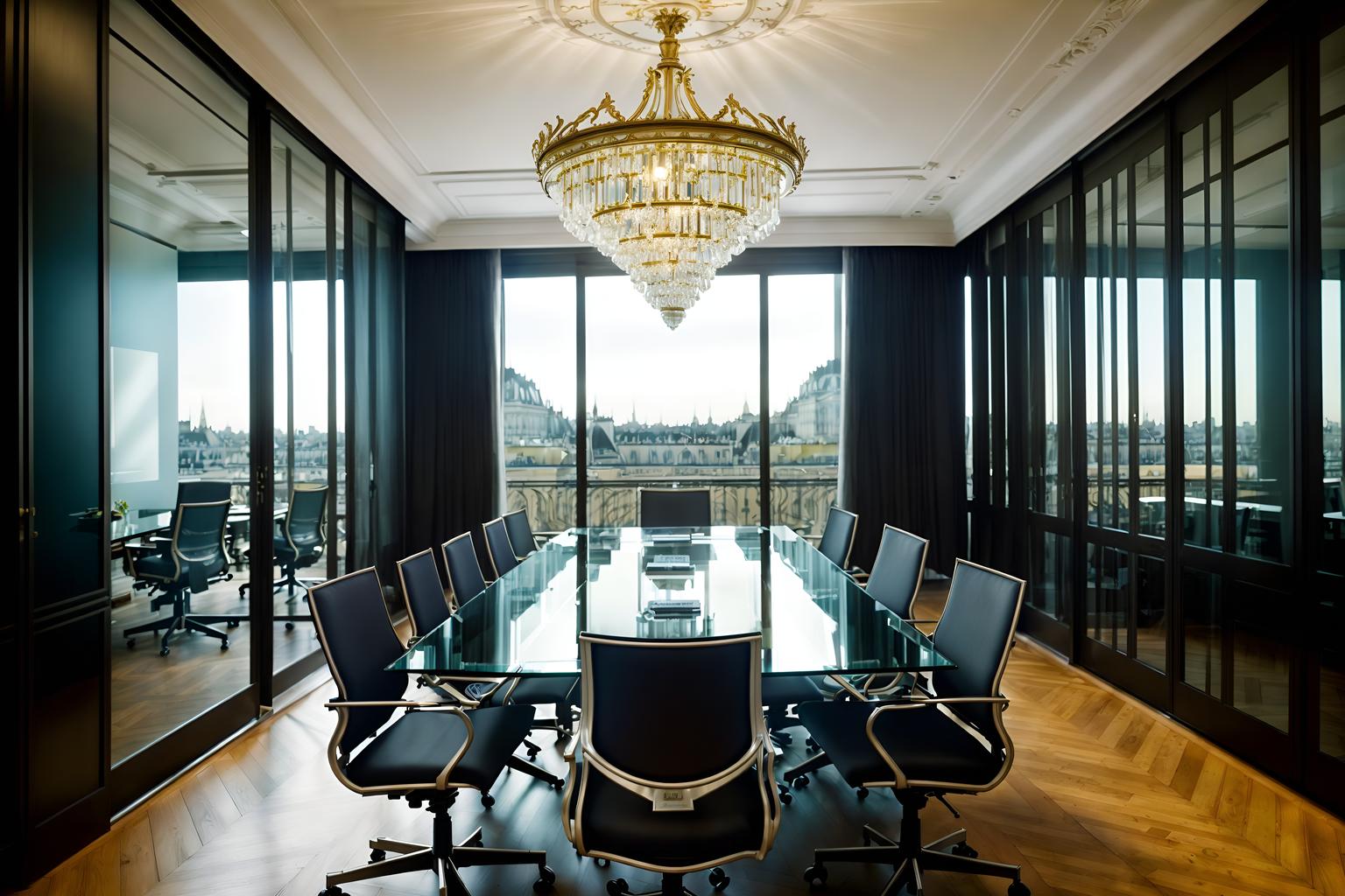 parisian-style (meeting room interior) with glass walls and office chairs and glass doors and boardroom table and vase and plant and cabinets and painting or photo on wall. . . cinematic photo, highly detailed, cinematic lighting, ultra-detailed, ultrarealistic, photorealism, 8k. parisian interior design style. masterpiece, cinematic light, ultrarealistic+, photorealistic+, 8k, raw photo, realistic, sharp focus on eyes, (symmetrical eyes), (intact eyes), hyperrealistic, highest quality, best quality, , highly detailed, masterpiece, best quality, extremely detailed 8k wallpaper, masterpiece, best quality, ultra-detailed, best shadow, detailed background, detailed face, detailed eyes, high contrast, best illumination, detailed face, dulux, caustic, dynamic angle, detailed glow. dramatic lighting. highly detailed, insanely detailed hair, symmetrical, intricate details, professionally retouched, 8k high definition. strong bokeh. award winning photo.