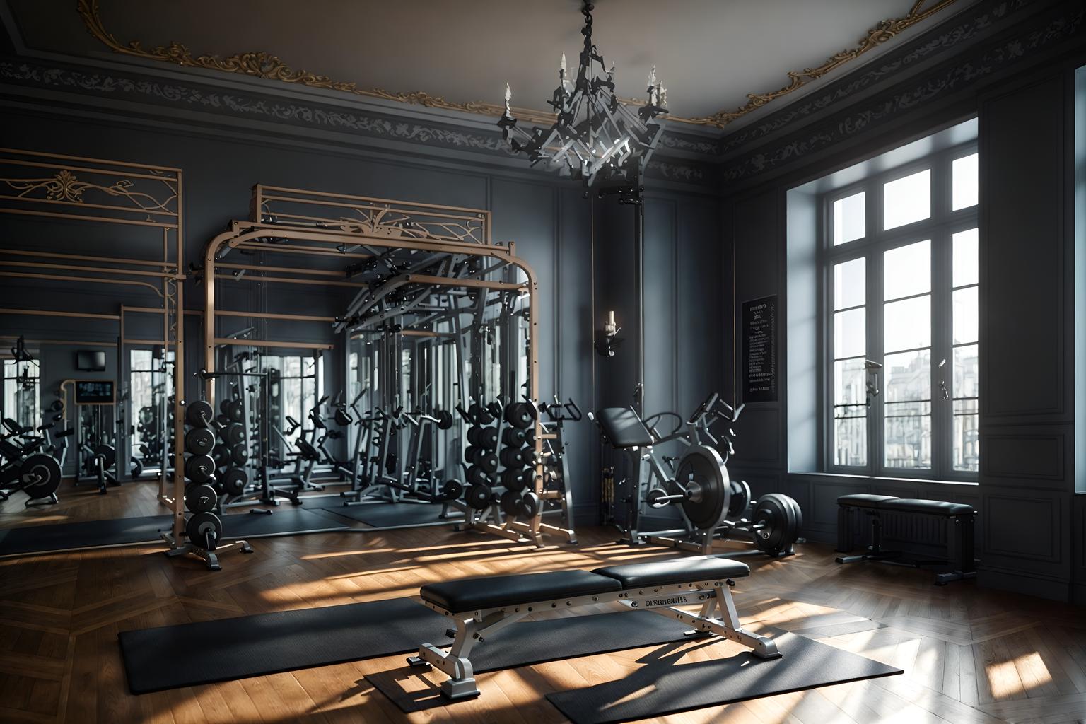 parisian-style (fitness gym interior) with exercise bicycle and crosstrainer and bench press and dumbbell stand and squat rack and exercise bicycle. . . cinematic photo, highly detailed, cinematic lighting, ultra-detailed, ultrarealistic, photorealism, 8k. parisian interior design style. masterpiece, cinematic light, ultrarealistic+, photorealistic+, 8k, raw photo, realistic, sharp focus on eyes, (symmetrical eyes), (intact eyes), hyperrealistic, highest quality, best quality, , highly detailed, masterpiece, best quality, extremely detailed 8k wallpaper, masterpiece, best quality, ultra-detailed, best shadow, detailed background, detailed face, detailed eyes, high contrast, best illumination, detailed face, dulux, caustic, dynamic angle, detailed glow. dramatic lighting. highly detailed, insanely detailed hair, symmetrical, intricate details, professionally retouched, 8k high definition. strong bokeh. award winning photo.