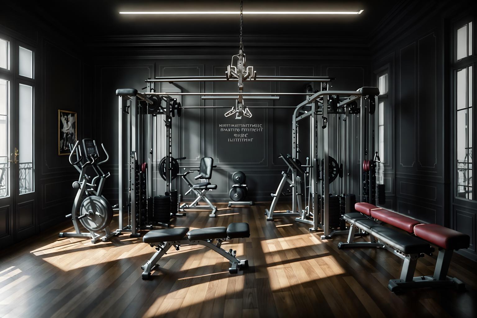 parisian-style (fitness gym interior) with exercise bicycle and crosstrainer and bench press and dumbbell stand and squat rack and exercise bicycle. . . cinematic photo, highly detailed, cinematic lighting, ultra-detailed, ultrarealistic, photorealism, 8k. parisian interior design style. masterpiece, cinematic light, ultrarealistic+, photorealistic+, 8k, raw photo, realistic, sharp focus on eyes, (symmetrical eyes), (intact eyes), hyperrealistic, highest quality, best quality, , highly detailed, masterpiece, best quality, extremely detailed 8k wallpaper, masterpiece, best quality, ultra-detailed, best shadow, detailed background, detailed face, detailed eyes, high contrast, best illumination, detailed face, dulux, caustic, dynamic angle, detailed glow. dramatic lighting. highly detailed, insanely detailed hair, symmetrical, intricate details, professionally retouched, 8k high definition. strong bokeh. award winning photo.