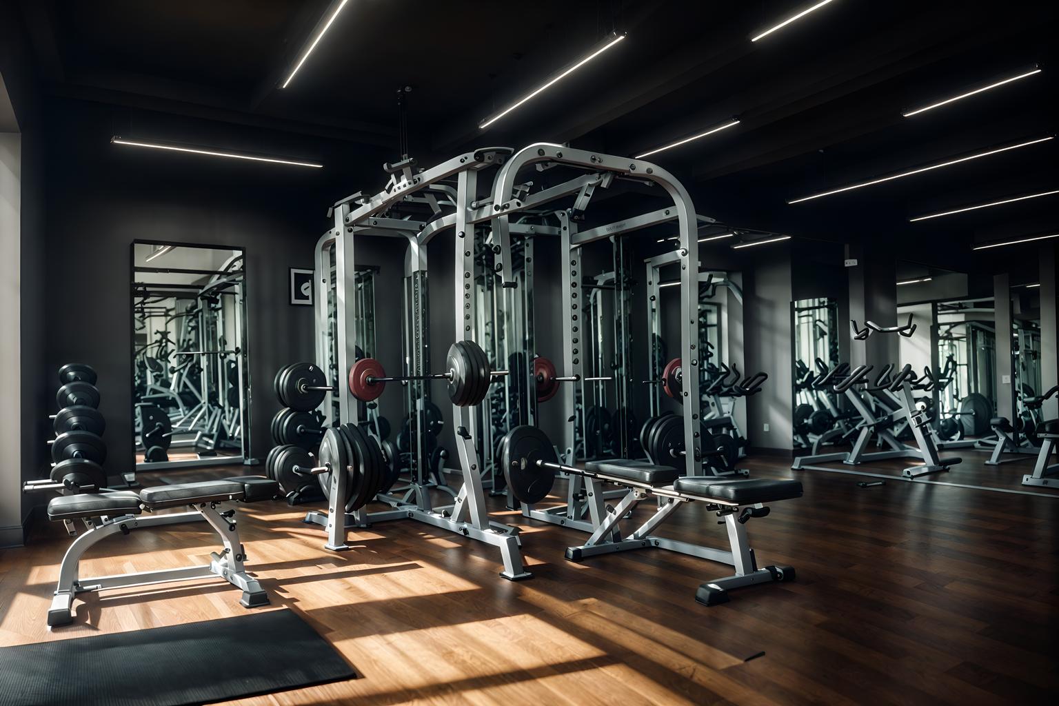 parisian-style (fitness gym interior) with exercise bicycle and crosstrainer and bench press and dumbbell stand and squat rack and exercise bicycle. . . cinematic photo, highly detailed, cinematic lighting, ultra-detailed, ultrarealistic, photorealism, 8k. parisian interior design style. masterpiece, cinematic light, ultrarealistic+, photorealistic+, 8k, raw photo, realistic, sharp focus on eyes, (symmetrical eyes), (intact eyes), hyperrealistic, highest quality, best quality, , highly detailed, masterpiece, best quality, extremely detailed 8k wallpaper, masterpiece, best quality, ultra-detailed, best shadow, detailed background, detailed face, detailed eyes, high contrast, best illumination, detailed face, dulux, caustic, dynamic angle, detailed glow. dramatic lighting. highly detailed, insanely detailed hair, symmetrical, intricate details, professionally retouched, 8k high definition. strong bokeh. award winning photo.