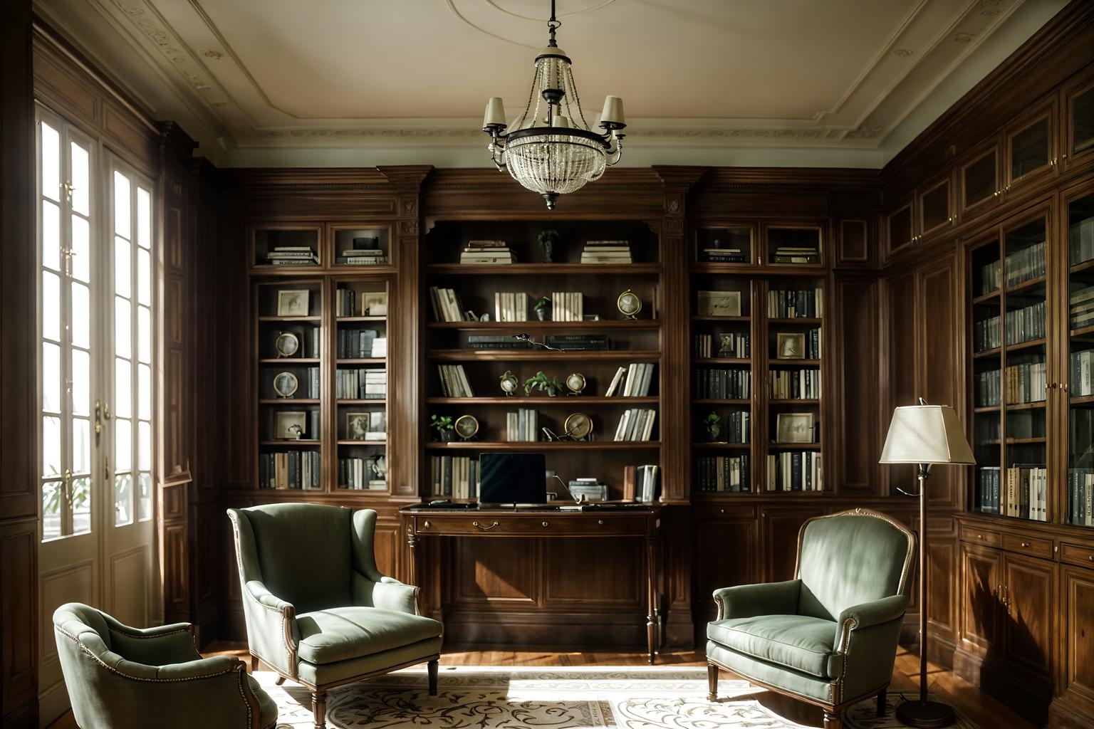 parisian-style (study room interior) with cabinets and lounge chair and desk lamp and office chair and plant and bookshelves and writing desk and cabinets. . . cinematic photo, highly detailed, cinematic lighting, ultra-detailed, ultrarealistic, photorealism, 8k. parisian interior design style. masterpiece, cinematic light, ultrarealistic+, photorealistic+, 8k, raw photo, realistic, sharp focus on eyes, (symmetrical eyes), (intact eyes), hyperrealistic, highest quality, best quality, , highly detailed, masterpiece, best quality, extremely detailed 8k wallpaper, masterpiece, best quality, ultra-detailed, best shadow, detailed background, detailed face, detailed eyes, high contrast, best illumination, detailed face, dulux, caustic, dynamic angle, detailed glow. dramatic lighting. highly detailed, insanely detailed hair, symmetrical, intricate details, professionally retouched, 8k high definition. strong bokeh. award winning photo.