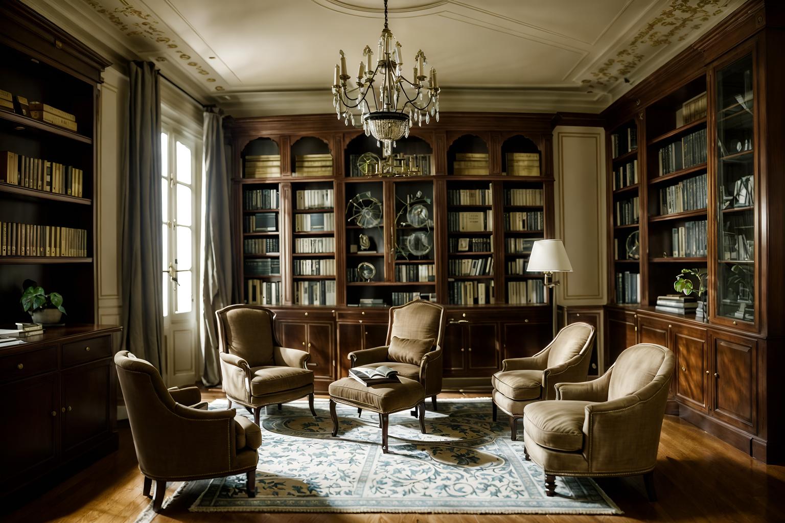 parisian-style (study room interior) with cabinets and lounge chair and desk lamp and office chair and plant and bookshelves and writing desk and cabinets. . . cinematic photo, highly detailed, cinematic lighting, ultra-detailed, ultrarealistic, photorealism, 8k. parisian interior design style. masterpiece, cinematic light, ultrarealistic+, photorealistic+, 8k, raw photo, realistic, sharp focus on eyes, (symmetrical eyes), (intact eyes), hyperrealistic, highest quality, best quality, , highly detailed, masterpiece, best quality, extremely detailed 8k wallpaper, masterpiece, best quality, ultra-detailed, best shadow, detailed background, detailed face, detailed eyes, high contrast, best illumination, detailed face, dulux, caustic, dynamic angle, detailed glow. dramatic lighting. highly detailed, insanely detailed hair, symmetrical, intricate details, professionally retouched, 8k high definition. strong bokeh. award winning photo.