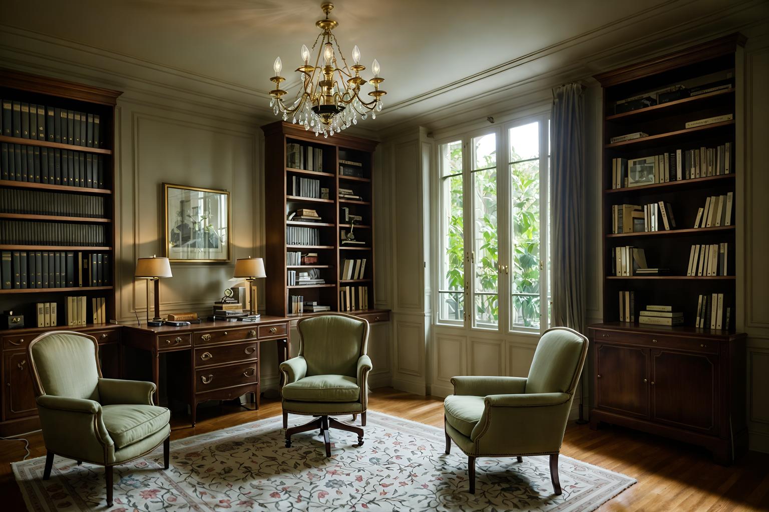 parisian-style (study room interior) with cabinets and lounge chair and desk lamp and office chair and plant and bookshelves and writing desk and cabinets. . . cinematic photo, highly detailed, cinematic lighting, ultra-detailed, ultrarealistic, photorealism, 8k. parisian interior design style. masterpiece, cinematic light, ultrarealistic+, photorealistic+, 8k, raw photo, realistic, sharp focus on eyes, (symmetrical eyes), (intact eyes), hyperrealistic, highest quality, best quality, , highly detailed, masterpiece, best quality, extremely detailed 8k wallpaper, masterpiece, best quality, ultra-detailed, best shadow, detailed background, detailed face, detailed eyes, high contrast, best illumination, detailed face, dulux, caustic, dynamic angle, detailed glow. dramatic lighting. highly detailed, insanely detailed hair, symmetrical, intricate details, professionally retouched, 8k high definition. strong bokeh. award winning photo.