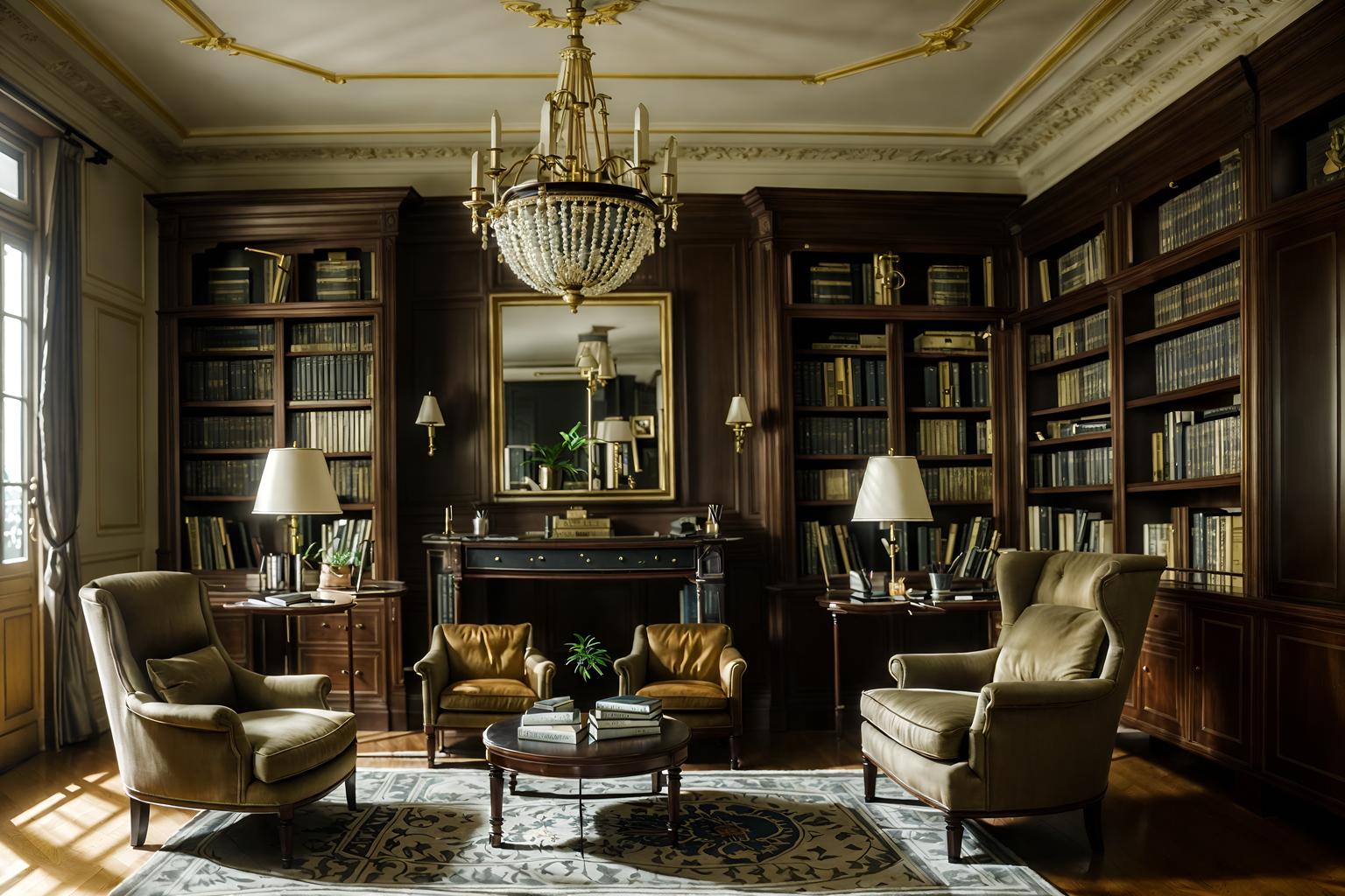 parisian-style (study room interior) with cabinets and lounge chair and desk lamp and office chair and plant and bookshelves and writing desk and cabinets. . . cinematic photo, highly detailed, cinematic lighting, ultra-detailed, ultrarealistic, photorealism, 8k. parisian interior design style. masterpiece, cinematic light, ultrarealistic+, photorealistic+, 8k, raw photo, realistic, sharp focus on eyes, (symmetrical eyes), (intact eyes), hyperrealistic, highest quality, best quality, , highly detailed, masterpiece, best quality, extremely detailed 8k wallpaper, masterpiece, best quality, ultra-detailed, best shadow, detailed background, detailed face, detailed eyes, high contrast, best illumination, detailed face, dulux, caustic, dynamic angle, detailed glow. dramatic lighting. highly detailed, insanely detailed hair, symmetrical, intricate details, professionally retouched, 8k high definition. strong bokeh. award winning photo.