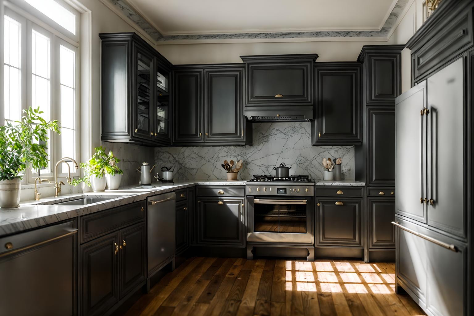 parisian-style (kitchen interior) with sink and refrigerator and worktops and stove and plant and kitchen cabinets and sink. . . cinematic photo, highly detailed, cinematic lighting, ultra-detailed, ultrarealistic, photorealism, 8k. parisian interior design style. masterpiece, cinematic light, ultrarealistic+, photorealistic+, 8k, raw photo, realistic, sharp focus on eyes, (symmetrical eyes), (intact eyes), hyperrealistic, highest quality, best quality, , highly detailed, masterpiece, best quality, extremely detailed 8k wallpaper, masterpiece, best quality, ultra-detailed, best shadow, detailed background, detailed face, detailed eyes, high contrast, best illumination, detailed face, dulux, caustic, dynamic angle, detailed glow. dramatic lighting. highly detailed, insanely detailed hair, symmetrical, intricate details, professionally retouched, 8k high definition. strong bokeh. award winning photo.