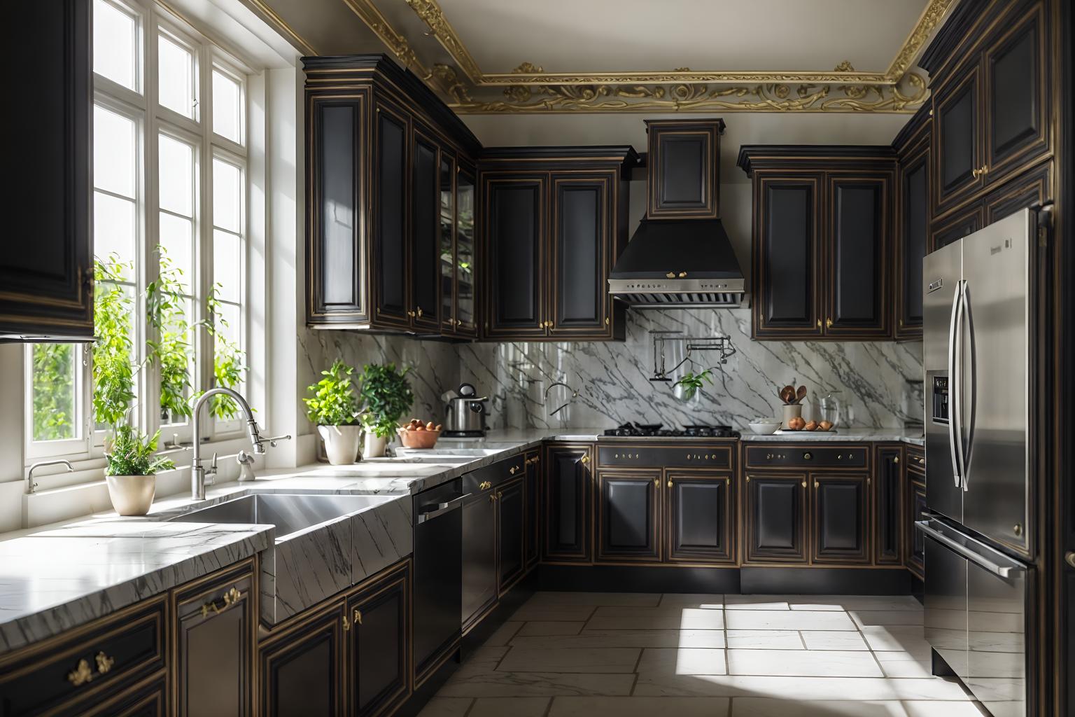 parisian-style (kitchen interior) with sink and refrigerator and worktops and stove and plant and kitchen cabinets and sink. . . cinematic photo, highly detailed, cinematic lighting, ultra-detailed, ultrarealistic, photorealism, 8k. parisian interior design style. masterpiece, cinematic light, ultrarealistic+, photorealistic+, 8k, raw photo, realistic, sharp focus on eyes, (symmetrical eyes), (intact eyes), hyperrealistic, highest quality, best quality, , highly detailed, masterpiece, best quality, extremely detailed 8k wallpaper, masterpiece, best quality, ultra-detailed, best shadow, detailed background, detailed face, detailed eyes, high contrast, best illumination, detailed face, dulux, caustic, dynamic angle, detailed glow. dramatic lighting. highly detailed, insanely detailed hair, symmetrical, intricate details, professionally retouched, 8k high definition. strong bokeh. award winning photo.