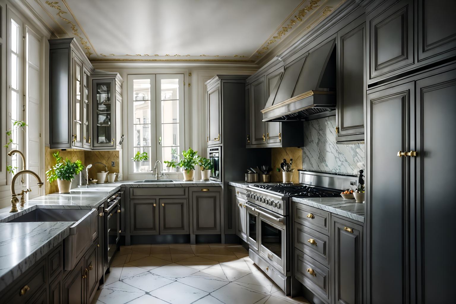 parisian-style (kitchen interior) with sink and refrigerator and worktops and stove and plant and kitchen cabinets and sink. . . cinematic photo, highly detailed, cinematic lighting, ultra-detailed, ultrarealistic, photorealism, 8k. parisian interior design style. masterpiece, cinematic light, ultrarealistic+, photorealistic+, 8k, raw photo, realistic, sharp focus on eyes, (symmetrical eyes), (intact eyes), hyperrealistic, highest quality, best quality, , highly detailed, masterpiece, best quality, extremely detailed 8k wallpaper, masterpiece, best quality, ultra-detailed, best shadow, detailed background, detailed face, detailed eyes, high contrast, best illumination, detailed face, dulux, caustic, dynamic angle, detailed glow. dramatic lighting. highly detailed, insanely detailed hair, symmetrical, intricate details, professionally retouched, 8k high definition. strong bokeh. award winning photo.
