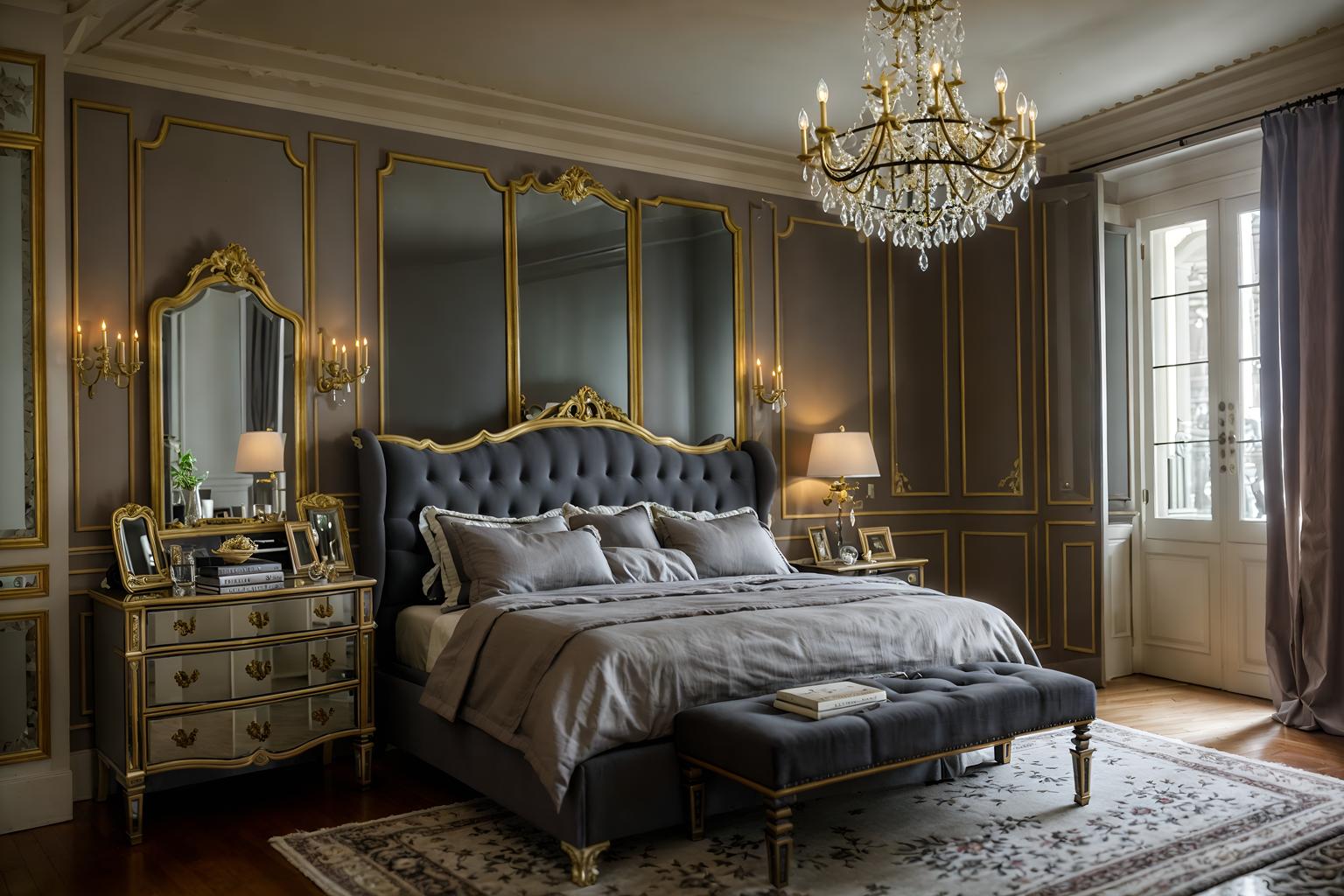 parisian-style (bedroom interior) with storage bench or ottoman and headboard and dresser closet and mirror and accent chair and bedside table or night stand and plant and night light. . . cinematic photo, highly detailed, cinematic lighting, ultra-detailed, ultrarealistic, photorealism, 8k. parisian interior design style. masterpiece, cinematic light, ultrarealistic+, photorealistic+, 8k, raw photo, realistic, sharp focus on eyes, (symmetrical eyes), (intact eyes), hyperrealistic, highest quality, best quality, , highly detailed, masterpiece, best quality, extremely detailed 8k wallpaper, masterpiece, best quality, ultra-detailed, best shadow, detailed background, detailed face, detailed eyes, high contrast, best illumination, detailed face, dulux, caustic, dynamic angle, detailed glow. dramatic lighting. highly detailed, insanely detailed hair, symmetrical, intricate details, professionally retouched, 8k high definition. strong bokeh. award winning photo.