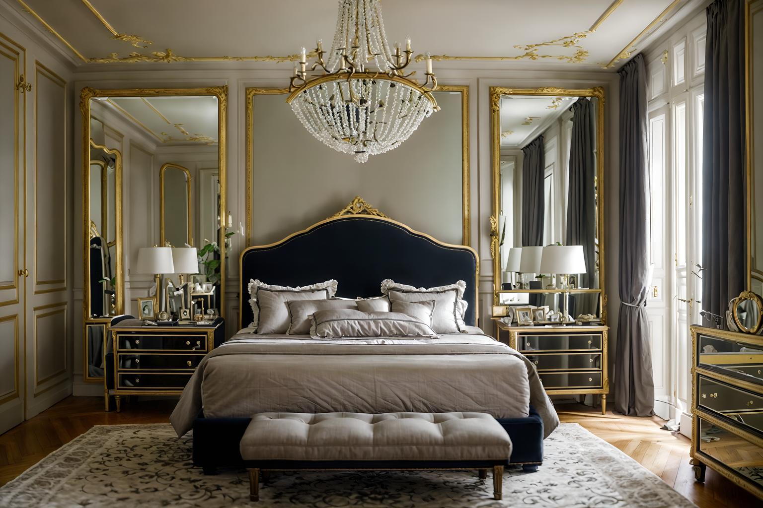 parisian-style (bedroom interior) with storage bench or ottoman and headboard and dresser closet and mirror and accent chair and bedside table or night stand and plant and night light. . . cinematic photo, highly detailed, cinematic lighting, ultra-detailed, ultrarealistic, photorealism, 8k. parisian interior design style. masterpiece, cinematic light, ultrarealistic+, photorealistic+, 8k, raw photo, realistic, sharp focus on eyes, (symmetrical eyes), (intact eyes), hyperrealistic, highest quality, best quality, , highly detailed, masterpiece, best quality, extremely detailed 8k wallpaper, masterpiece, best quality, ultra-detailed, best shadow, detailed background, detailed face, detailed eyes, high contrast, best illumination, detailed face, dulux, caustic, dynamic angle, detailed glow. dramatic lighting. highly detailed, insanely detailed hair, symmetrical, intricate details, professionally retouched, 8k high definition. strong bokeh. award winning photo.