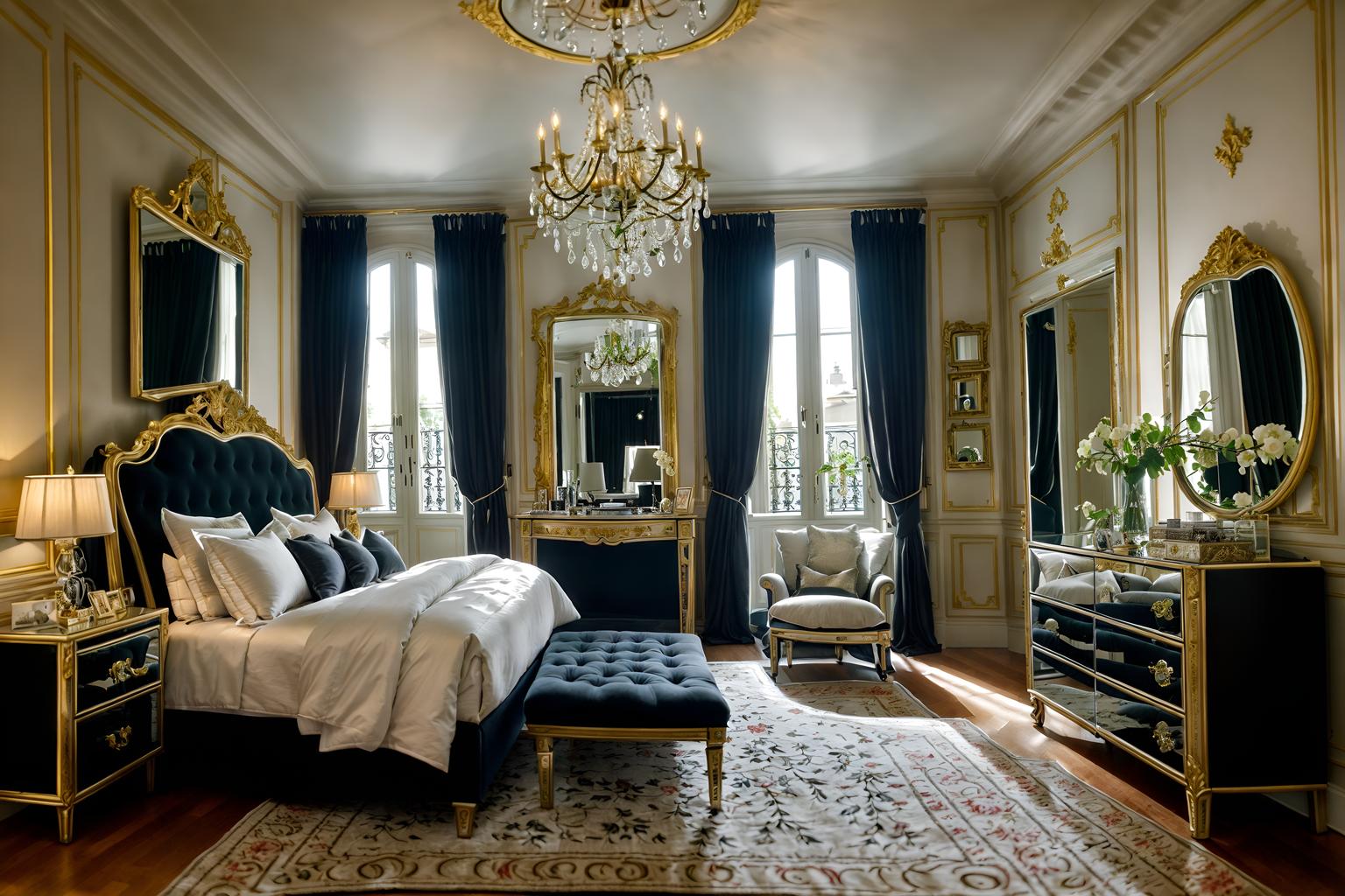 parisian-style (bedroom interior) with storage bench or ottoman and headboard and dresser closet and mirror and accent chair and bedside table or night stand and plant and night light. . . cinematic photo, highly detailed, cinematic lighting, ultra-detailed, ultrarealistic, photorealism, 8k. parisian interior design style. masterpiece, cinematic light, ultrarealistic+, photorealistic+, 8k, raw photo, realistic, sharp focus on eyes, (symmetrical eyes), (intact eyes), hyperrealistic, highest quality, best quality, , highly detailed, masterpiece, best quality, extremely detailed 8k wallpaper, masterpiece, best quality, ultra-detailed, best shadow, detailed background, detailed face, detailed eyes, high contrast, best illumination, detailed face, dulux, caustic, dynamic angle, detailed glow. dramatic lighting. highly detailed, insanely detailed hair, symmetrical, intricate details, professionally retouched, 8k high definition. strong bokeh. award winning photo.