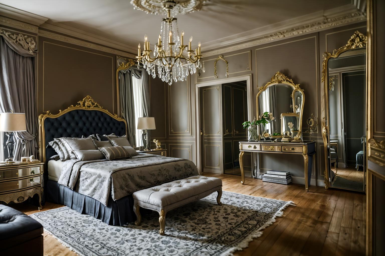 parisian-style (bedroom interior) with storage bench or ottoman and headboard and dresser closet and mirror and accent chair and bedside table or night stand and plant and night light. . . cinematic photo, highly detailed, cinematic lighting, ultra-detailed, ultrarealistic, photorealism, 8k. parisian interior design style. masterpiece, cinematic light, ultrarealistic+, photorealistic+, 8k, raw photo, realistic, sharp focus on eyes, (symmetrical eyes), (intact eyes), hyperrealistic, highest quality, best quality, , highly detailed, masterpiece, best quality, extremely detailed 8k wallpaper, masterpiece, best quality, ultra-detailed, best shadow, detailed background, detailed face, detailed eyes, high contrast, best illumination, detailed face, dulux, caustic, dynamic angle, detailed glow. dramatic lighting. highly detailed, insanely detailed hair, symmetrical, intricate details, professionally retouched, 8k high definition. strong bokeh. award winning photo.