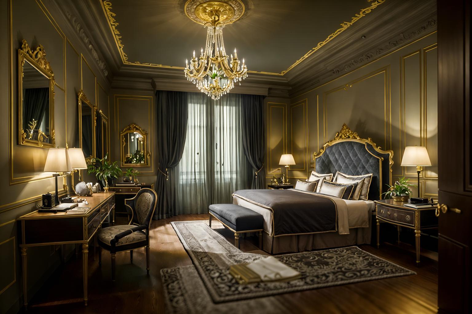 parisian-style (hotel room interior) with night light and plant and storage bench or ottoman and hotel bathroom and headboard and dresser closet and bed and working desk with desk chair. . . cinematic photo, highly detailed, cinematic lighting, ultra-detailed, ultrarealistic, photorealism, 8k. parisian interior design style. masterpiece, cinematic light, ultrarealistic+, photorealistic+, 8k, raw photo, realistic, sharp focus on eyes, (symmetrical eyes), (intact eyes), hyperrealistic, highest quality, best quality, , highly detailed, masterpiece, best quality, extremely detailed 8k wallpaper, masterpiece, best quality, ultra-detailed, best shadow, detailed background, detailed face, detailed eyes, high contrast, best illumination, detailed face, dulux, caustic, dynamic angle, detailed glow. dramatic lighting. highly detailed, insanely detailed hair, symmetrical, intricate details, professionally retouched, 8k high definition. strong bokeh. award winning photo.