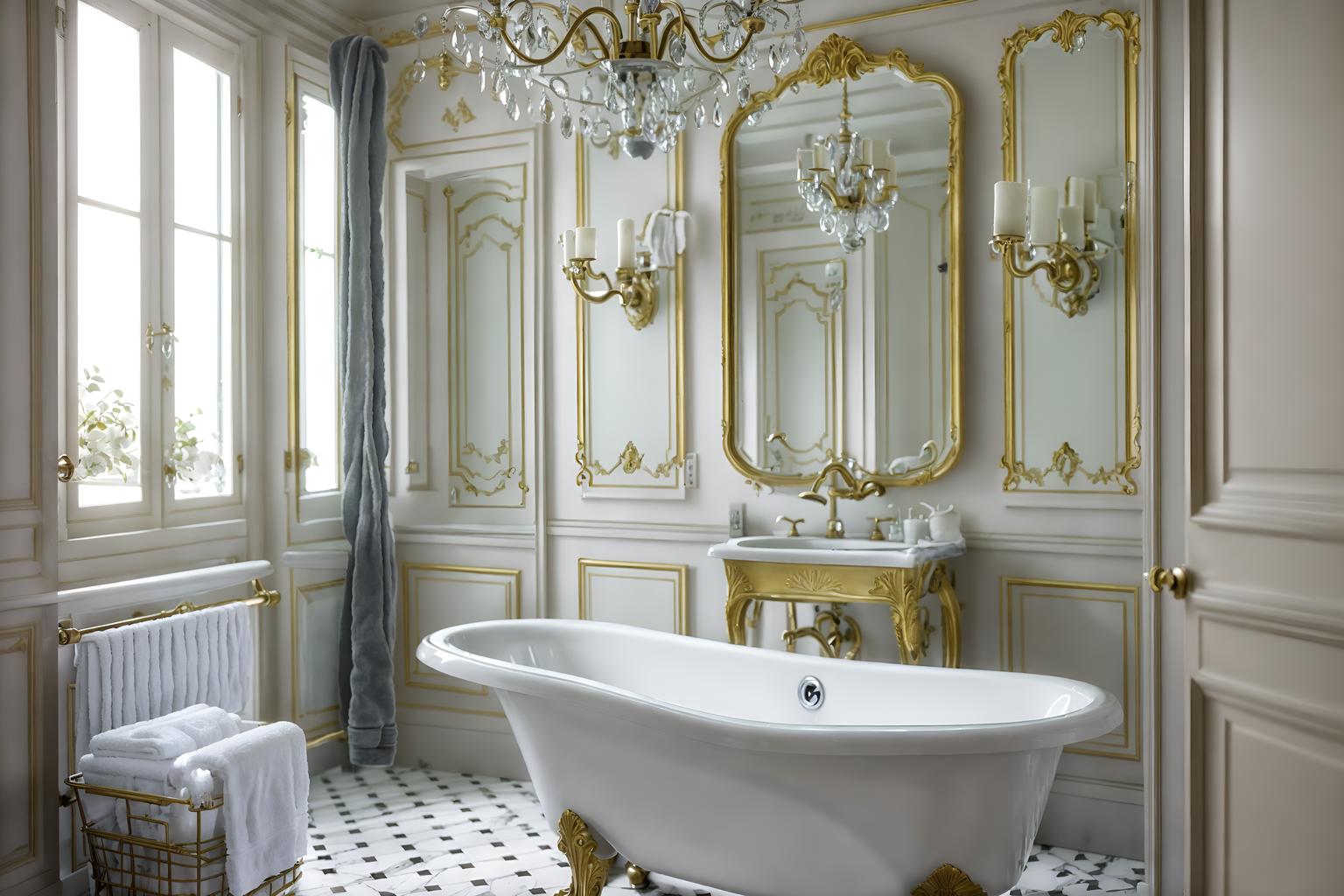 parisian-style (bathroom interior) with waste basket and bathtub and mirror and bath rail and bath towel and bathroom cabinet and bathroom sink with faucet and shower. . . cinematic photo, highly detailed, cinematic lighting, ultra-detailed, ultrarealistic, photorealism, 8k. parisian interior design style. masterpiece, cinematic light, ultrarealistic+, photorealistic+, 8k, raw photo, realistic, sharp focus on eyes, (symmetrical eyes), (intact eyes), hyperrealistic, highest quality, best quality, , highly detailed, masterpiece, best quality, extremely detailed 8k wallpaper, masterpiece, best quality, ultra-detailed, best shadow, detailed background, detailed face, detailed eyes, high contrast, best illumination, detailed face, dulux, caustic, dynamic angle, detailed glow. dramatic lighting. highly detailed, insanely detailed hair, symmetrical, intricate details, professionally retouched, 8k high definition. strong bokeh. award winning photo.