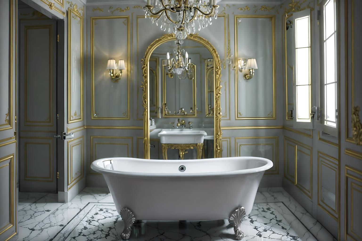 parisian-style (bathroom interior) with waste basket and bathtub and mirror and bath rail and bath towel and bathroom cabinet and bathroom sink with faucet and shower. . . cinematic photo, highly detailed, cinematic lighting, ultra-detailed, ultrarealistic, photorealism, 8k. parisian interior design style. masterpiece, cinematic light, ultrarealistic+, photorealistic+, 8k, raw photo, realistic, sharp focus on eyes, (symmetrical eyes), (intact eyes), hyperrealistic, highest quality, best quality, , highly detailed, masterpiece, best quality, extremely detailed 8k wallpaper, masterpiece, best quality, ultra-detailed, best shadow, detailed background, detailed face, detailed eyes, high contrast, best illumination, detailed face, dulux, caustic, dynamic angle, detailed glow. dramatic lighting. highly detailed, insanely detailed hair, symmetrical, intricate details, professionally retouched, 8k high definition. strong bokeh. award winning photo.