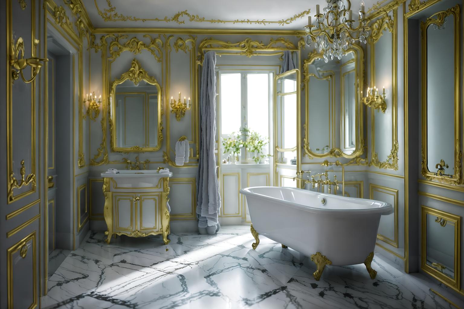 parisian-style (bathroom interior) with waste basket and bathtub and mirror and bath rail and bath towel and bathroom cabinet and bathroom sink with faucet and shower. . . cinematic photo, highly detailed, cinematic lighting, ultra-detailed, ultrarealistic, photorealism, 8k. parisian interior design style. masterpiece, cinematic light, ultrarealistic+, photorealistic+, 8k, raw photo, realistic, sharp focus on eyes, (symmetrical eyes), (intact eyes), hyperrealistic, highest quality, best quality, , highly detailed, masterpiece, best quality, extremely detailed 8k wallpaper, masterpiece, best quality, ultra-detailed, best shadow, detailed background, detailed face, detailed eyes, high contrast, best illumination, detailed face, dulux, caustic, dynamic angle, detailed glow. dramatic lighting. highly detailed, insanely detailed hair, symmetrical, intricate details, professionally retouched, 8k high definition. strong bokeh. award winning photo.