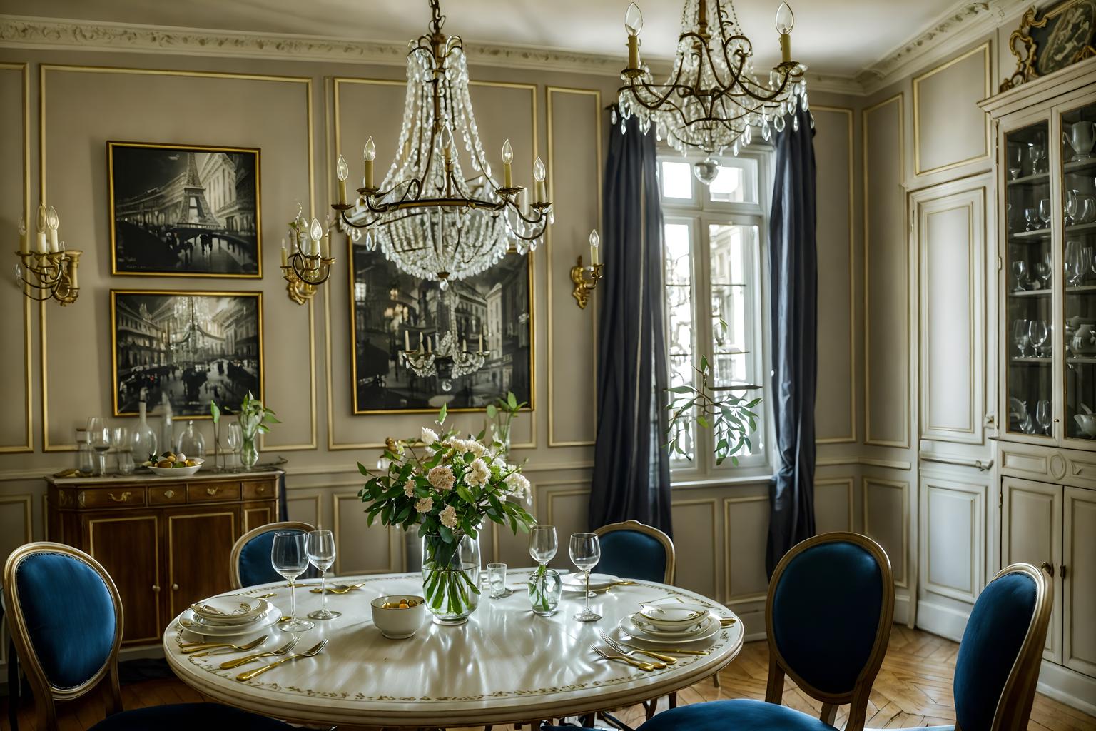 parisian-style (dining room interior) with painting or photo on wall and plant and dining table chairs and light or chandelier and vase and plates, cutlery and glasses on dining table and dining table and bookshelves. . . cinematic photo, highly detailed, cinematic lighting, ultra-detailed, ultrarealistic, photorealism, 8k. parisian interior design style. masterpiece, cinematic light, ultrarealistic+, photorealistic+, 8k, raw photo, realistic, sharp focus on eyes, (symmetrical eyes), (intact eyes), hyperrealistic, highest quality, best quality, , highly detailed, masterpiece, best quality, extremely detailed 8k wallpaper, masterpiece, best quality, ultra-detailed, best shadow, detailed background, detailed face, detailed eyes, high contrast, best illumination, detailed face, dulux, caustic, dynamic angle, detailed glow. dramatic lighting. highly detailed, insanely detailed hair, symmetrical, intricate details, professionally retouched, 8k high definition. strong bokeh. award winning photo.