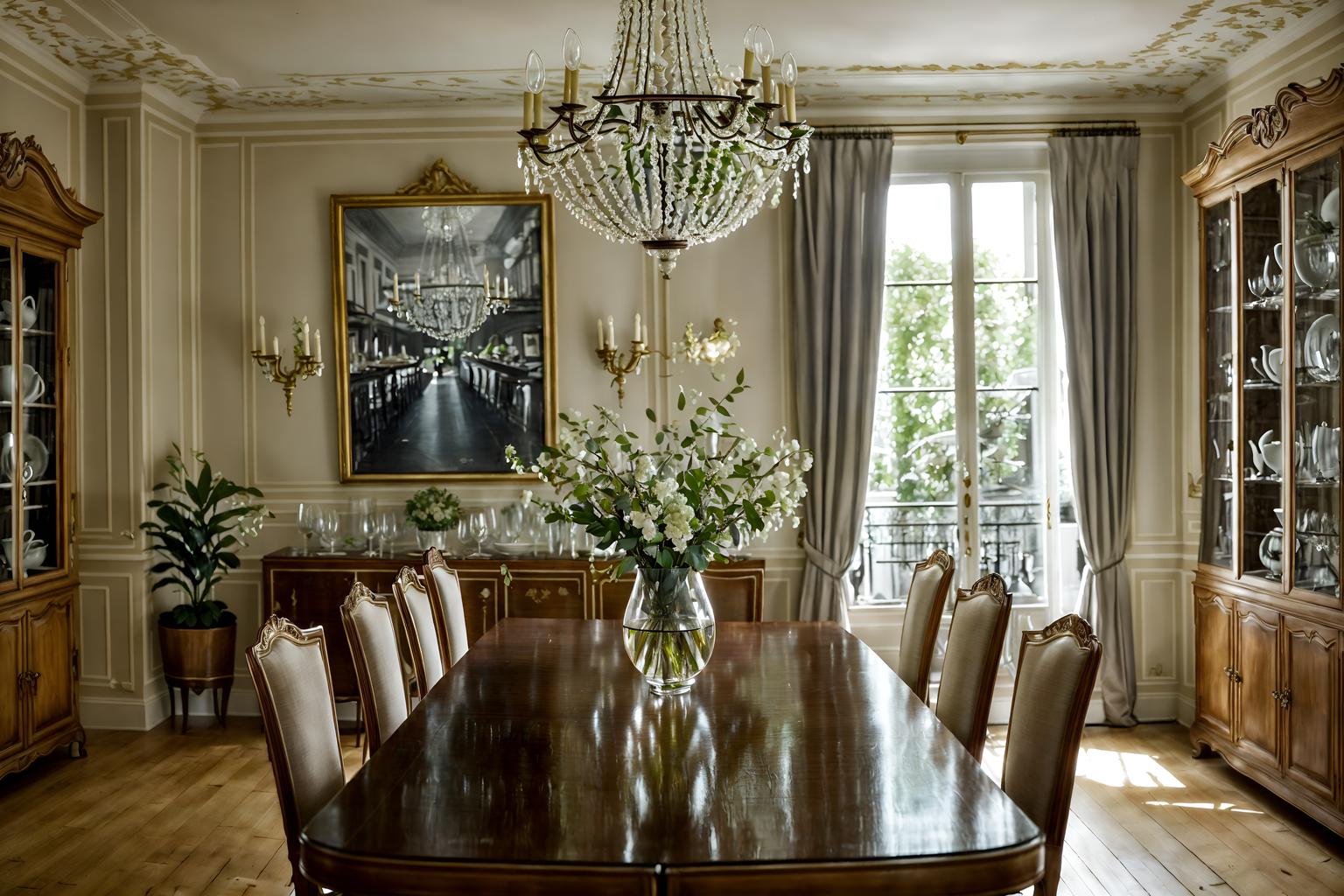 parisian-style (dining room interior) with painting or photo on wall and plant and dining table chairs and light or chandelier and vase and plates, cutlery and glasses on dining table and dining table and bookshelves. . . cinematic photo, highly detailed, cinematic lighting, ultra-detailed, ultrarealistic, photorealism, 8k. parisian interior design style. masterpiece, cinematic light, ultrarealistic+, photorealistic+, 8k, raw photo, realistic, sharp focus on eyes, (symmetrical eyes), (intact eyes), hyperrealistic, highest quality, best quality, , highly detailed, masterpiece, best quality, extremely detailed 8k wallpaper, masterpiece, best quality, ultra-detailed, best shadow, detailed background, detailed face, detailed eyes, high contrast, best illumination, detailed face, dulux, caustic, dynamic angle, detailed glow. dramatic lighting. highly detailed, insanely detailed hair, symmetrical, intricate details, professionally retouched, 8k high definition. strong bokeh. award winning photo.