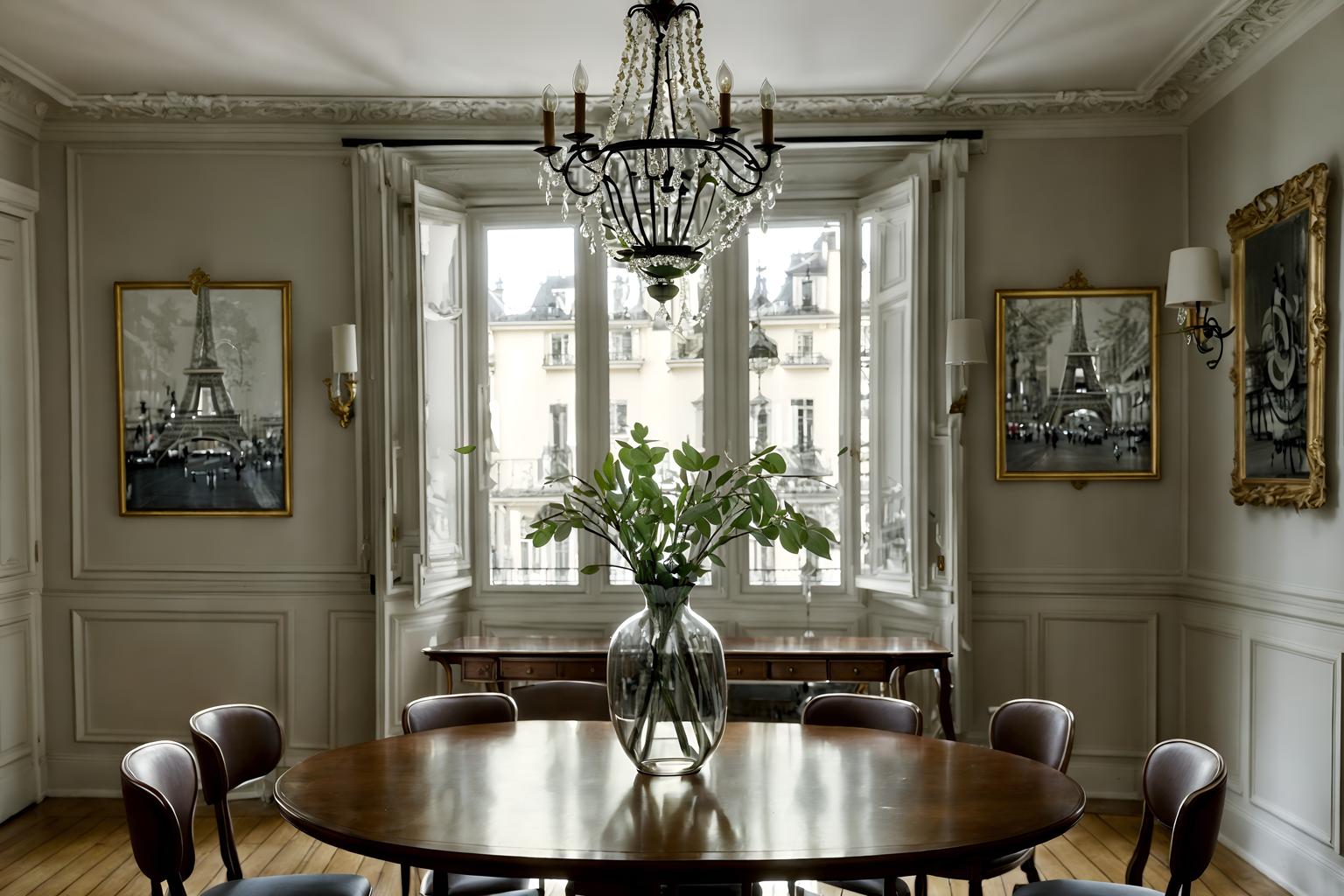 parisian-style (dining room interior) with painting or photo on wall and plant and dining table chairs and light or chandelier and vase and plates, cutlery and glasses on dining table and dining table and bookshelves. . . cinematic photo, highly detailed, cinematic lighting, ultra-detailed, ultrarealistic, photorealism, 8k. parisian interior design style. masterpiece, cinematic light, ultrarealistic+, photorealistic+, 8k, raw photo, realistic, sharp focus on eyes, (symmetrical eyes), (intact eyes), hyperrealistic, highest quality, best quality, , highly detailed, masterpiece, best quality, extremely detailed 8k wallpaper, masterpiece, best quality, ultra-detailed, best shadow, detailed background, detailed face, detailed eyes, high contrast, best illumination, detailed face, dulux, caustic, dynamic angle, detailed glow. dramatic lighting. highly detailed, insanely detailed hair, symmetrical, intricate details, professionally retouched, 8k high definition. strong bokeh. award winning photo.