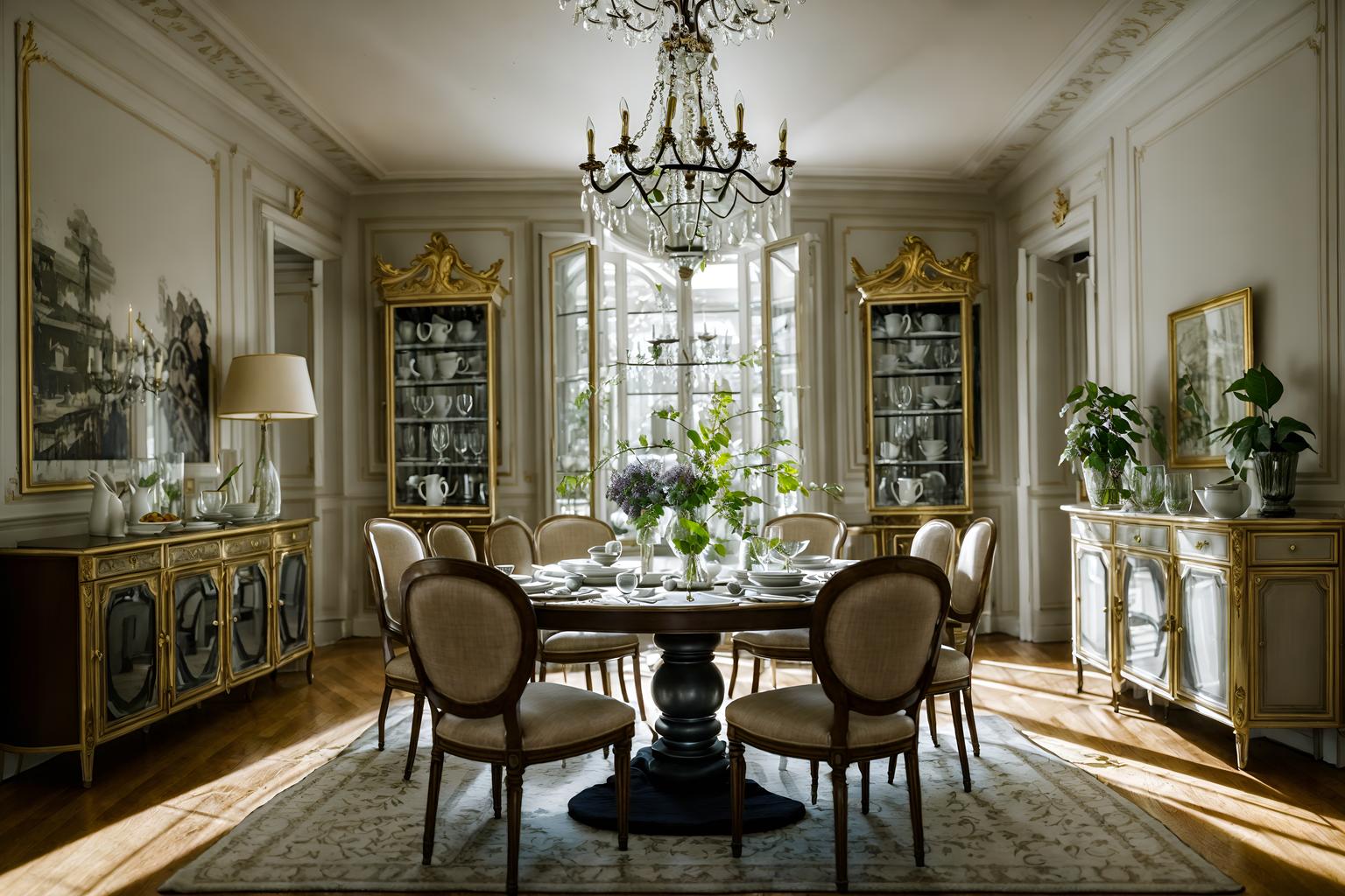 parisian-style (dining room interior) with painting or photo on wall and plant and dining table chairs and light or chandelier and vase and plates, cutlery and glasses on dining table and dining table and bookshelves. . . cinematic photo, highly detailed, cinematic lighting, ultra-detailed, ultrarealistic, photorealism, 8k. parisian interior design style. masterpiece, cinematic light, ultrarealistic+, photorealistic+, 8k, raw photo, realistic, sharp focus on eyes, (symmetrical eyes), (intact eyes), hyperrealistic, highest quality, best quality, , highly detailed, masterpiece, best quality, extremely detailed 8k wallpaper, masterpiece, best quality, ultra-detailed, best shadow, detailed background, detailed face, detailed eyes, high contrast, best illumination, detailed face, dulux, caustic, dynamic angle, detailed glow. dramatic lighting. highly detailed, insanely detailed hair, symmetrical, intricate details, professionally retouched, 8k high definition. strong bokeh. award winning photo.