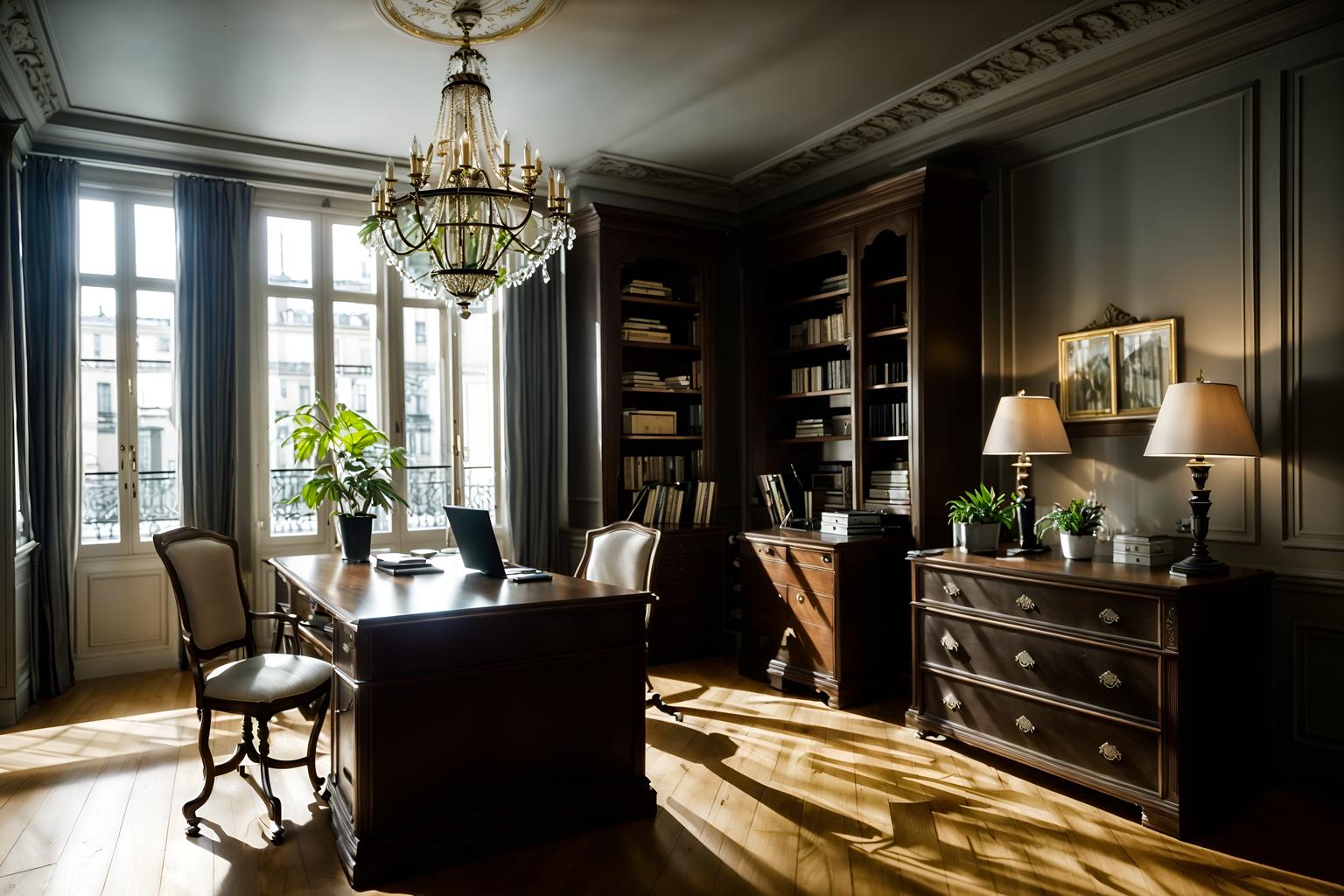 parisian-style (home office interior) with desk lamp and cabinets and office chair and computer desk and plant and desk lamp. . . cinematic photo, highly detailed, cinematic lighting, ultra-detailed, ultrarealistic, photorealism, 8k. parisian interior design style. masterpiece, cinematic light, ultrarealistic+, photorealistic+, 8k, raw photo, realistic, sharp focus on eyes, (symmetrical eyes), (intact eyes), hyperrealistic, highest quality, best quality, , highly detailed, masterpiece, best quality, extremely detailed 8k wallpaper, masterpiece, best quality, ultra-detailed, best shadow, detailed background, detailed face, detailed eyes, high contrast, best illumination, detailed face, dulux, caustic, dynamic angle, detailed glow. dramatic lighting. highly detailed, insanely detailed hair, symmetrical, intricate details, professionally retouched, 8k high definition. strong bokeh. award winning photo.