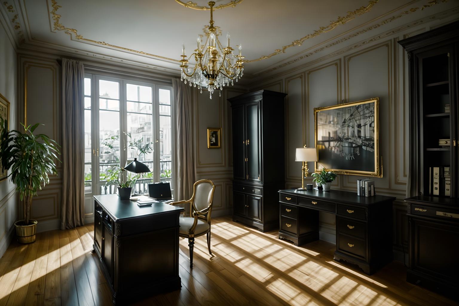 parisian-style (home office interior) with desk lamp and cabinets and office chair and computer desk and plant and desk lamp. . . cinematic photo, highly detailed, cinematic lighting, ultra-detailed, ultrarealistic, photorealism, 8k. parisian interior design style. masterpiece, cinematic light, ultrarealistic+, photorealistic+, 8k, raw photo, realistic, sharp focus on eyes, (symmetrical eyes), (intact eyes), hyperrealistic, highest quality, best quality, , highly detailed, masterpiece, best quality, extremely detailed 8k wallpaper, masterpiece, best quality, ultra-detailed, best shadow, detailed background, detailed face, detailed eyes, high contrast, best illumination, detailed face, dulux, caustic, dynamic angle, detailed glow. dramatic lighting. highly detailed, insanely detailed hair, symmetrical, intricate details, professionally retouched, 8k high definition. strong bokeh. award winning photo.