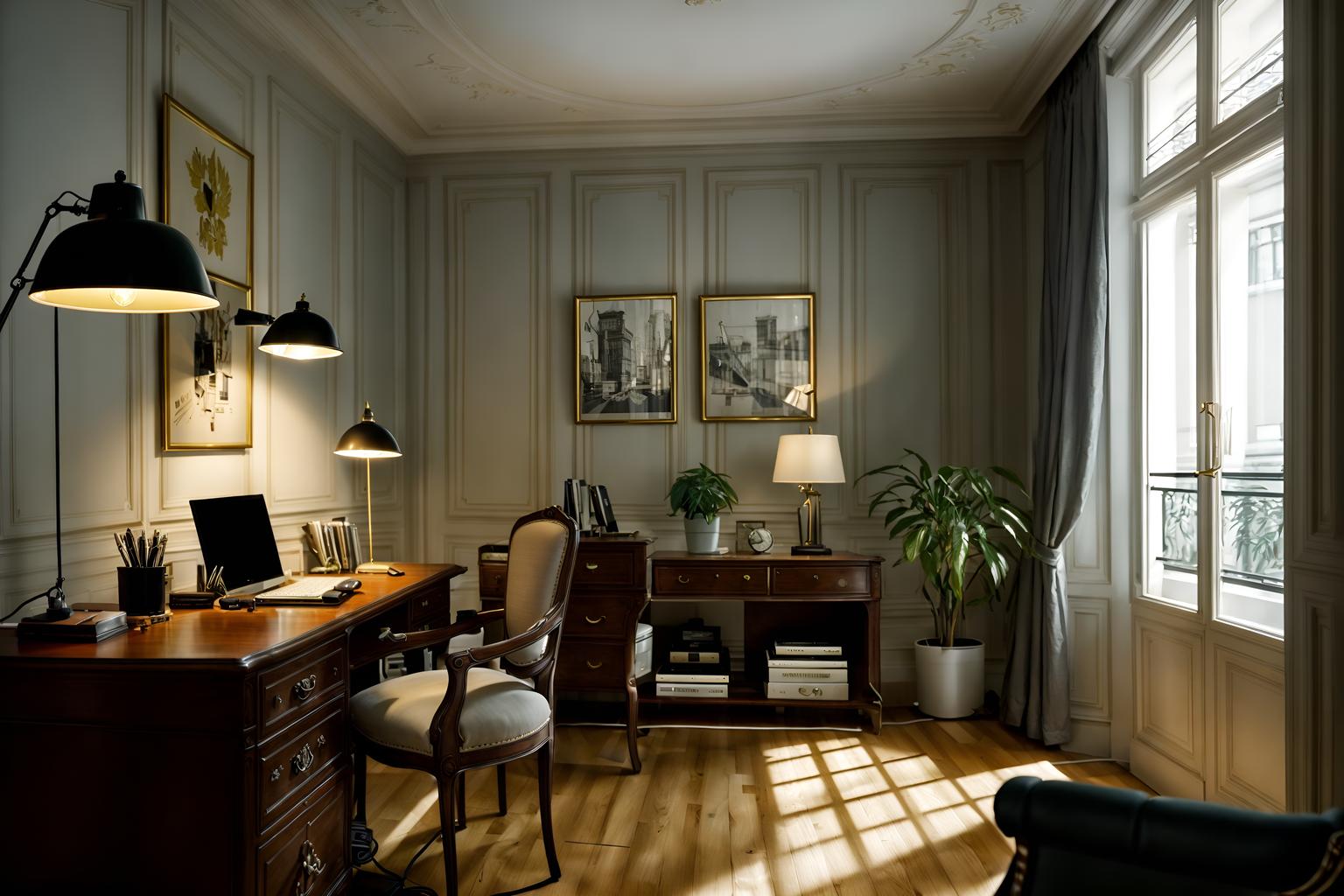 parisian-style (home office interior) with desk lamp and cabinets and office chair and computer desk and plant and desk lamp. . . cinematic photo, highly detailed, cinematic lighting, ultra-detailed, ultrarealistic, photorealism, 8k. parisian interior design style. masterpiece, cinematic light, ultrarealistic+, photorealistic+, 8k, raw photo, realistic, sharp focus on eyes, (symmetrical eyes), (intact eyes), hyperrealistic, highest quality, best quality, , highly detailed, masterpiece, best quality, extremely detailed 8k wallpaper, masterpiece, best quality, ultra-detailed, best shadow, detailed background, detailed face, detailed eyes, high contrast, best illumination, detailed face, dulux, caustic, dynamic angle, detailed glow. dramatic lighting. highly detailed, insanely detailed hair, symmetrical, intricate details, professionally retouched, 8k high definition. strong bokeh. award winning photo.