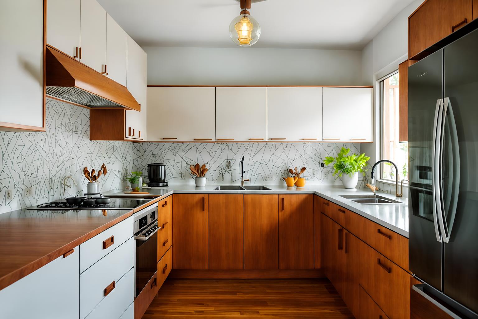 midcentury modern-style (kitchen interior) with sink and plant and stove and kitchen cabinets and worktops and refrigerator and sink. . with minimalist and graphic shapes and integrating indoor and outdoor motifs and clean lines and nature indoors and natural and manmade materials and organic and geometric shapes and wood pendant light mid century modern chandelier. . cinematic photo, highly detailed, cinematic lighting, ultra-detailed, ultrarealistic, photorealism, 8k. midcentury modern interior design style. masterpiece, cinematic light, ultrarealistic+, photorealistic+, 8k, raw photo, realistic, sharp focus on eyes, (symmetrical eyes), (intact eyes), hyperrealistic, highest quality, best quality, , highly detailed, masterpiece, best quality, extremely detailed 8k wallpaper, masterpiece, best quality, ultra-detailed, best shadow, detailed background, detailed face, detailed eyes, high contrast, best illumination, detailed face, dulux, caustic, dynamic angle, detailed glow. dramatic lighting. highly detailed, insanely detailed hair, symmetrical, intricate details, professionally retouched, 8k high definition. strong bokeh. award winning photo.